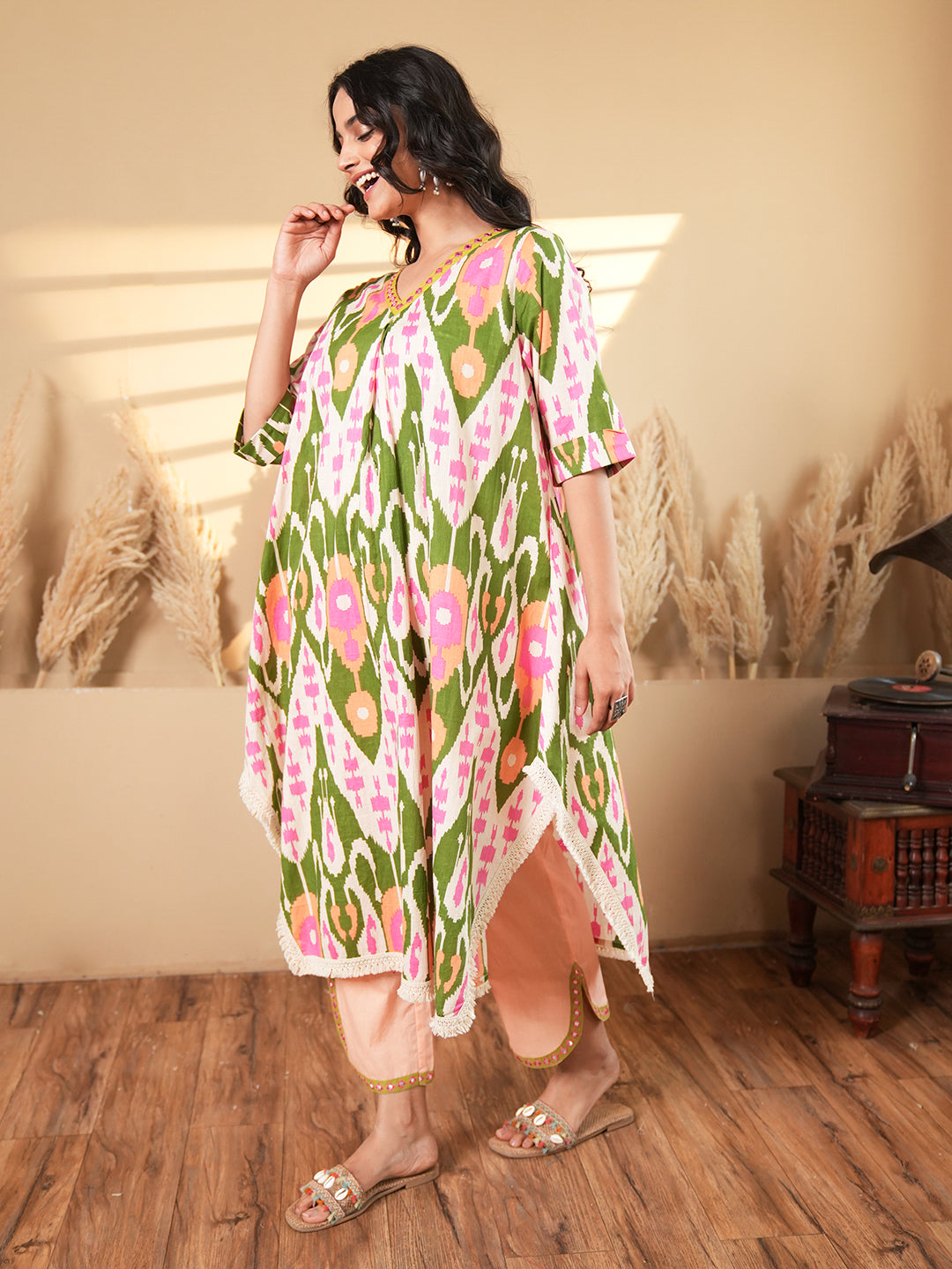 Beige Ikkat Kaftan Kurta Set