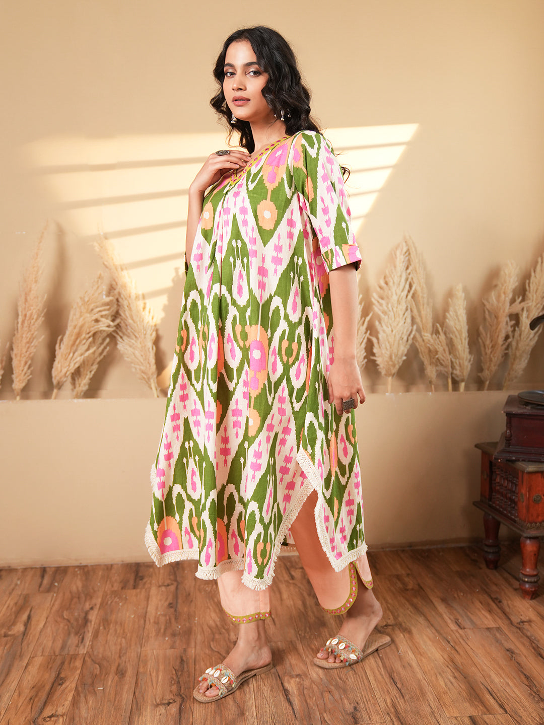 Beige Ikkat Kaftan Kurta Set