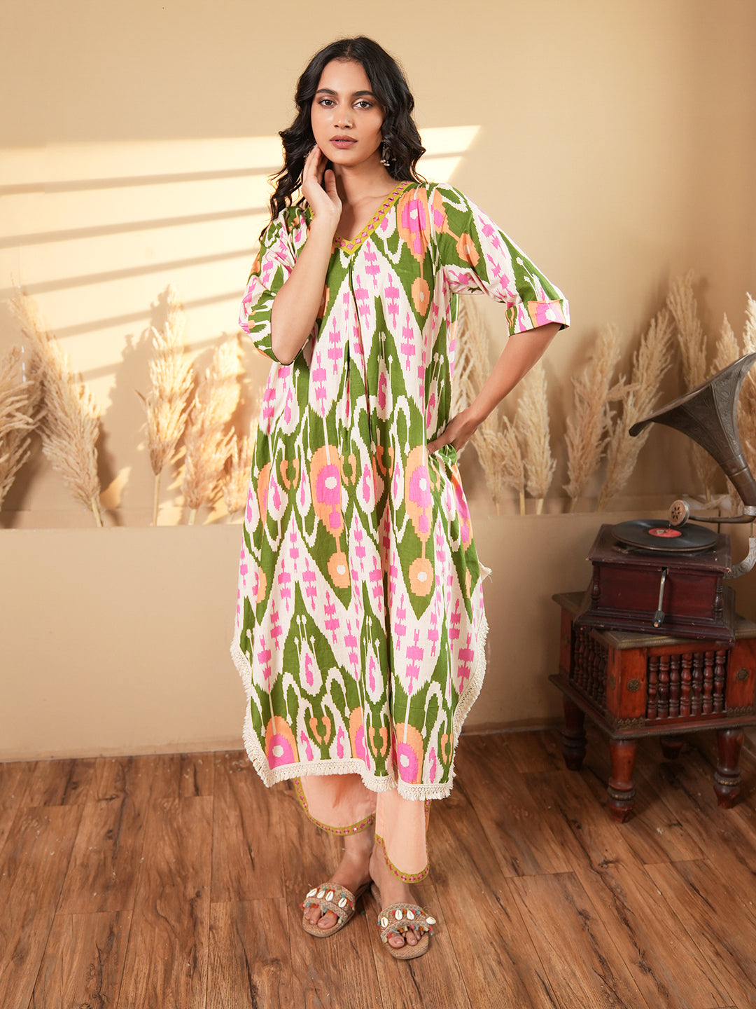 Beige Ikkat Kaftan Kurta Set