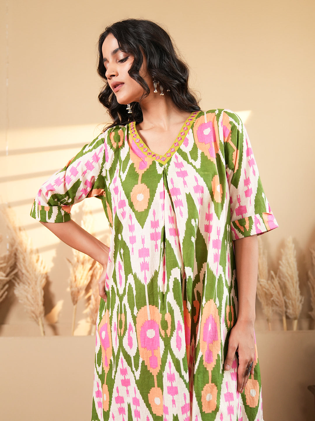 Beige Ikkat Kaftan Kurta Set