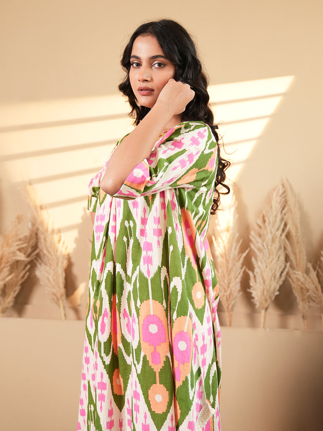 Beige Ikkat Kaftan Kurta Set