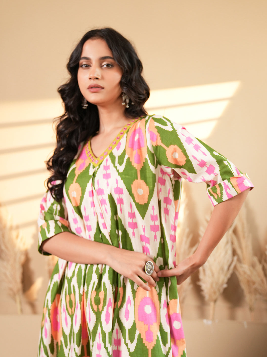 Beige Ikkat Kaftan Kurta Set