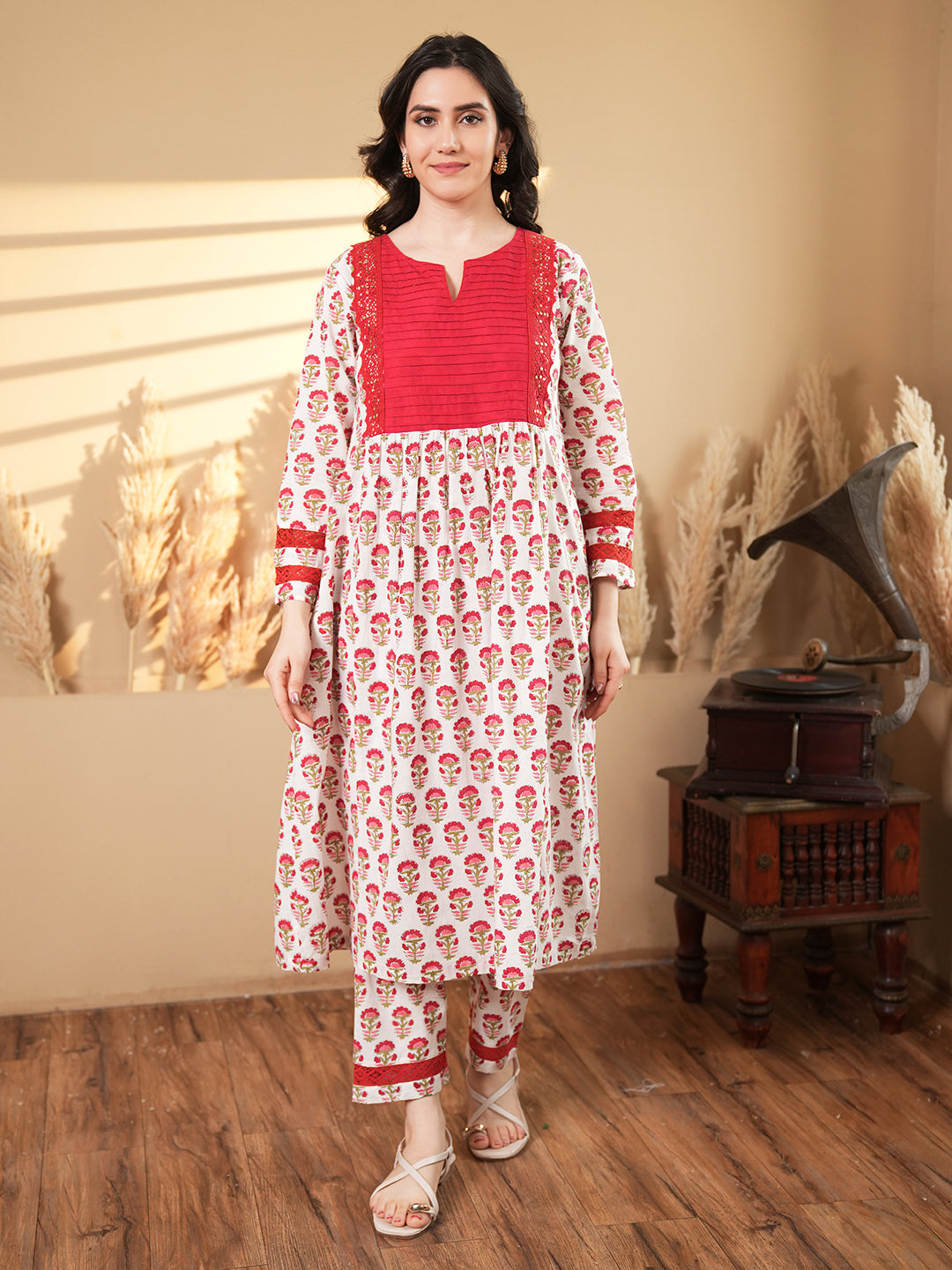 Red Floral Pintuck Cotton Kurta Set
