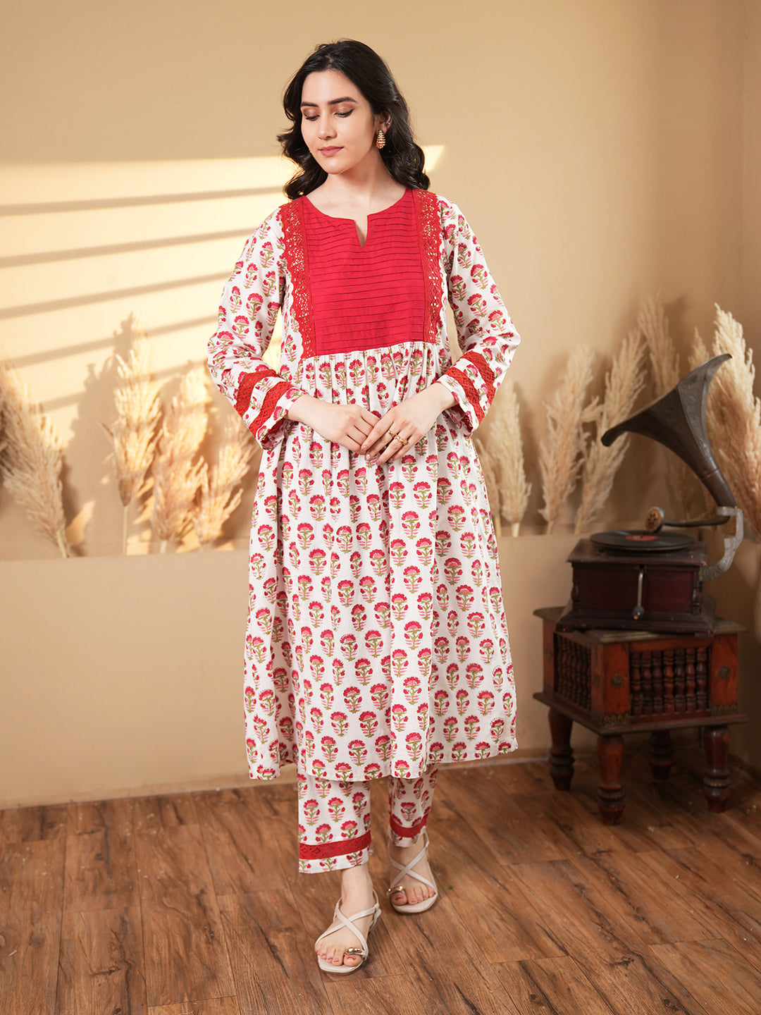 Red Floral Pintuck Cotton Kurta Set