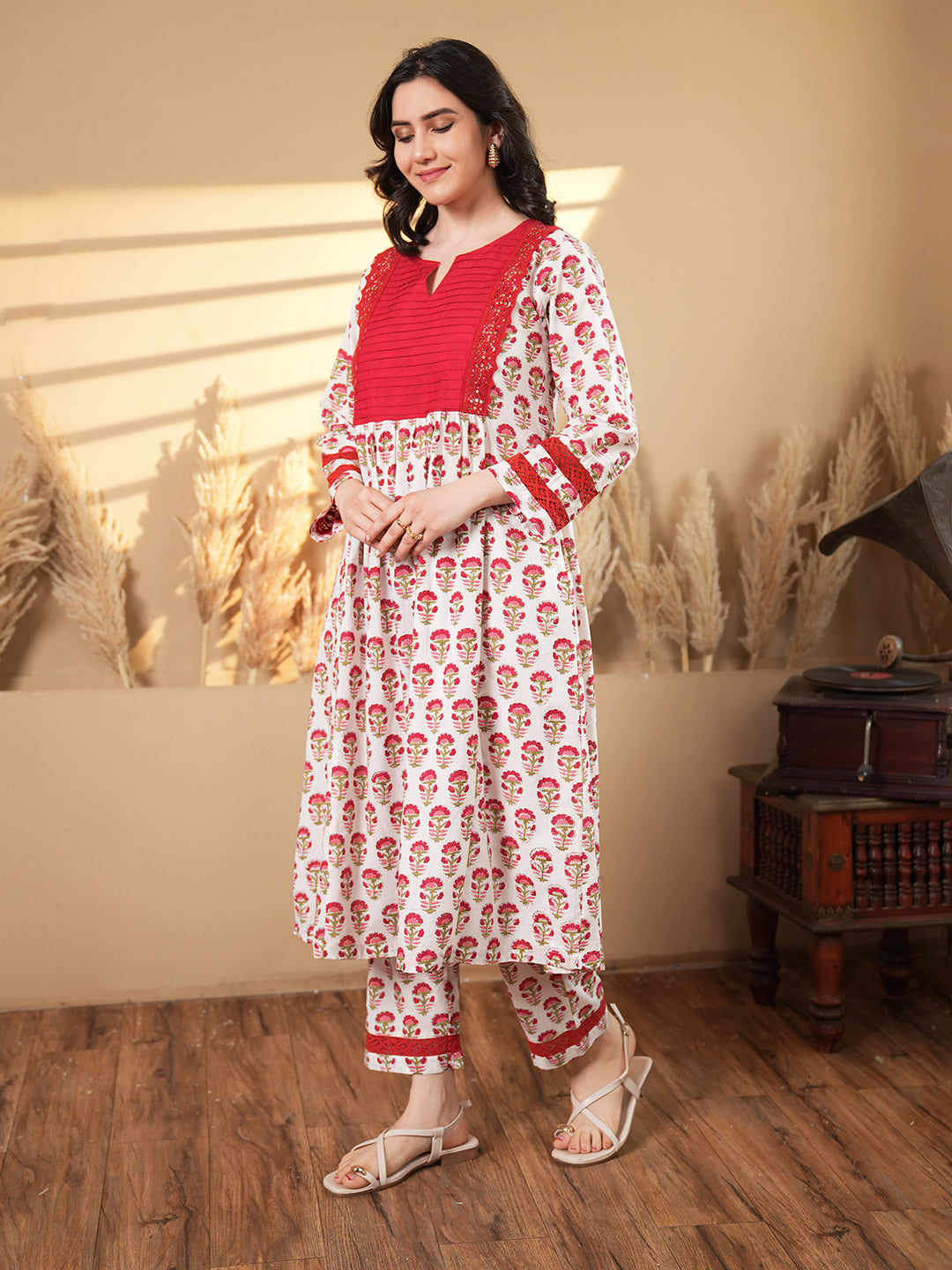 Red Floral Pintuck Cotton Kurta Set