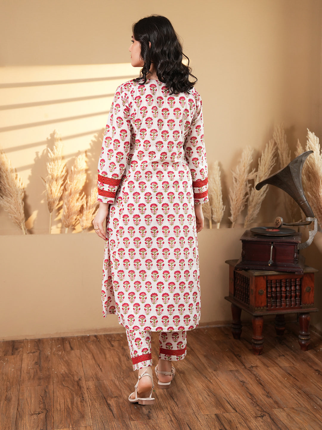 Red Floral Pintuck Cotton Kurta Set