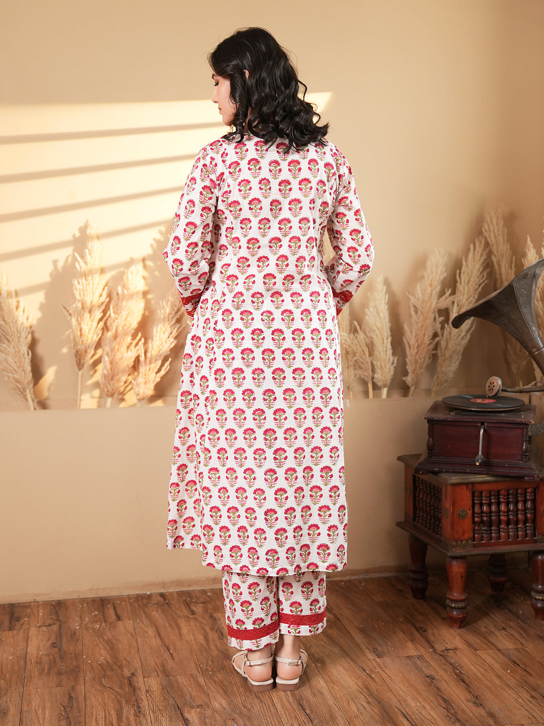 Red Floral Pintuck Cotton Kurta Set