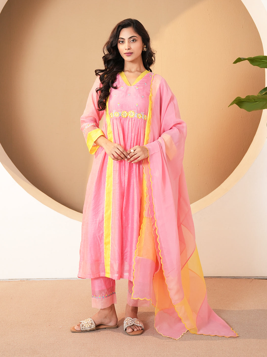 Blush Pink Embroidered Chanderi Kurta Set & Dupatta