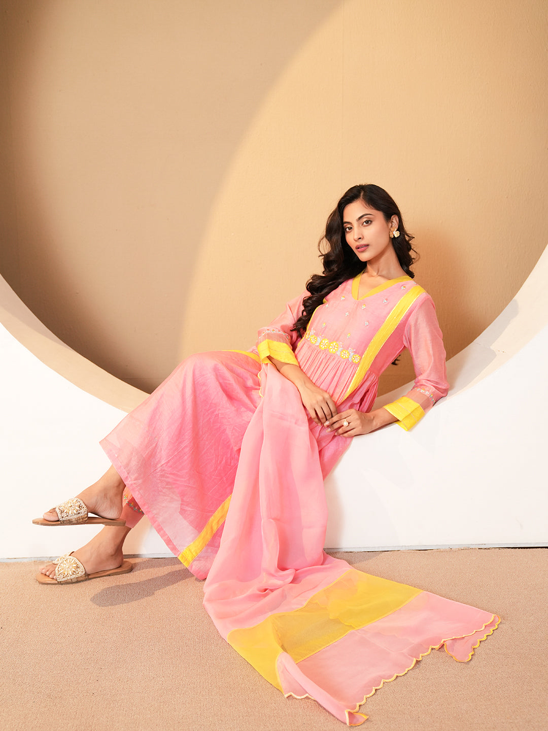 Blush Pink Embroidered Chanderi Kurta Set & Dupatta