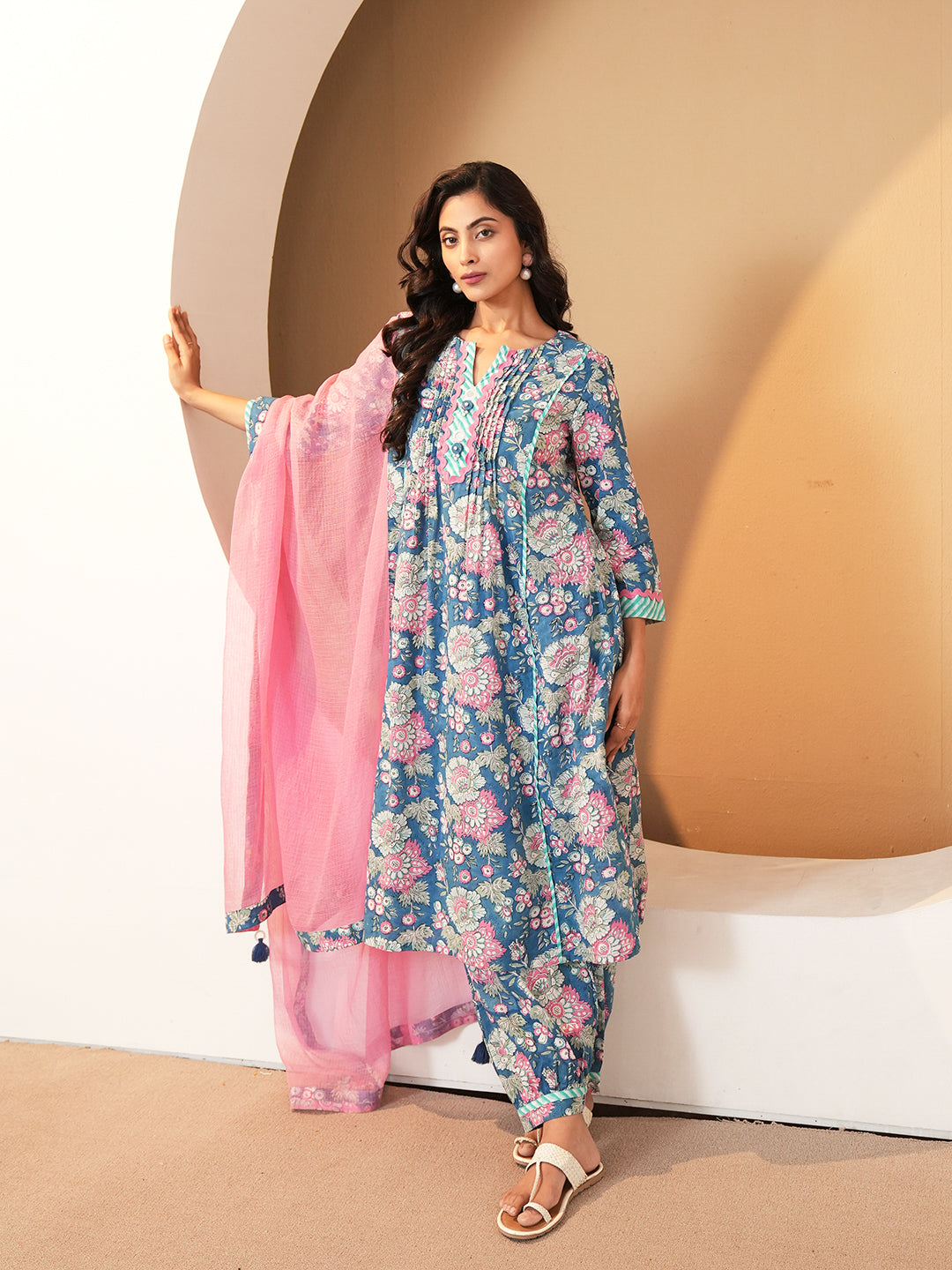Blue Pintuck Cotton Kurta set with Dupatta