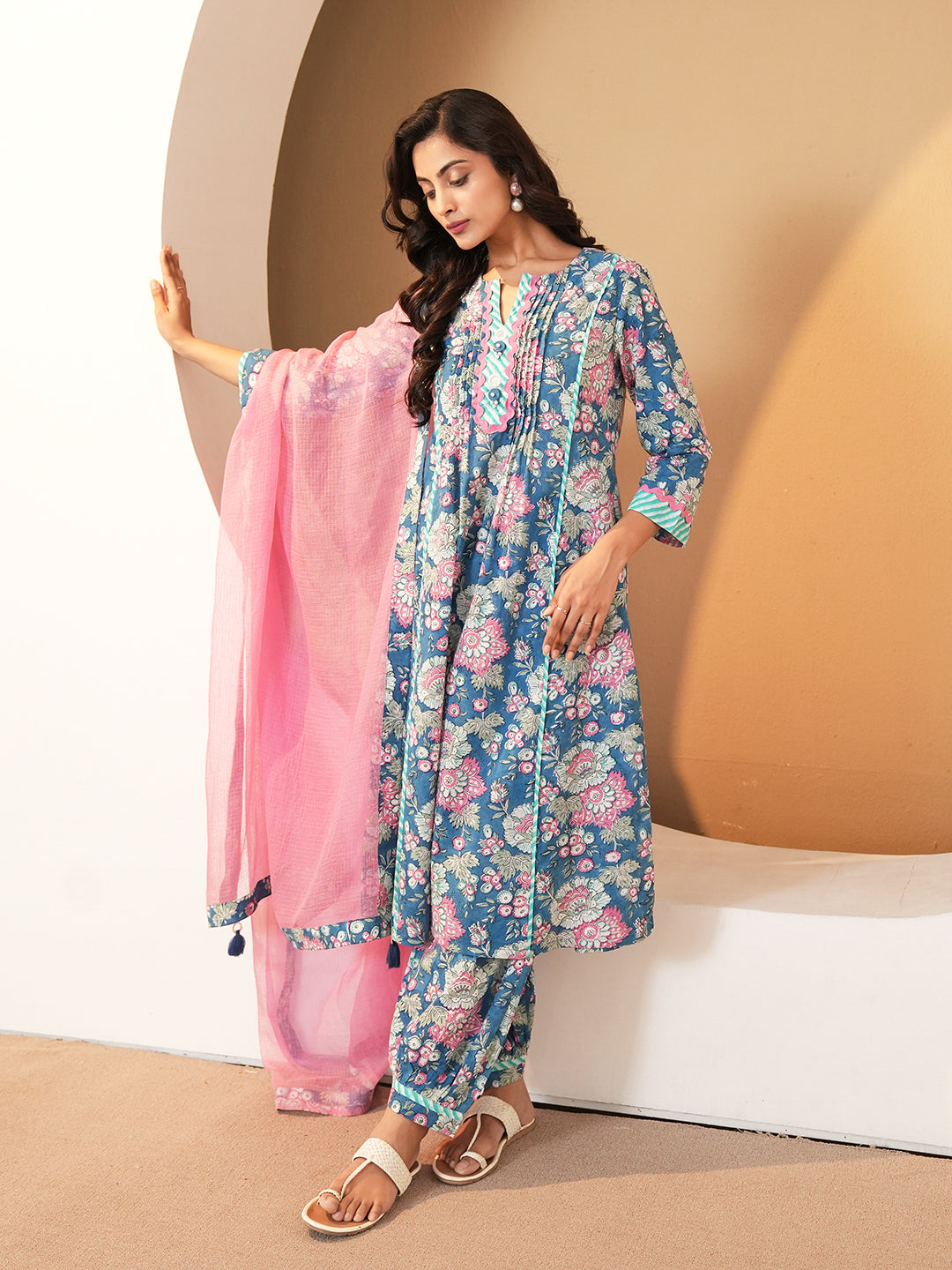 Blue Pintuck Cotton Kurta set with Dupatta
