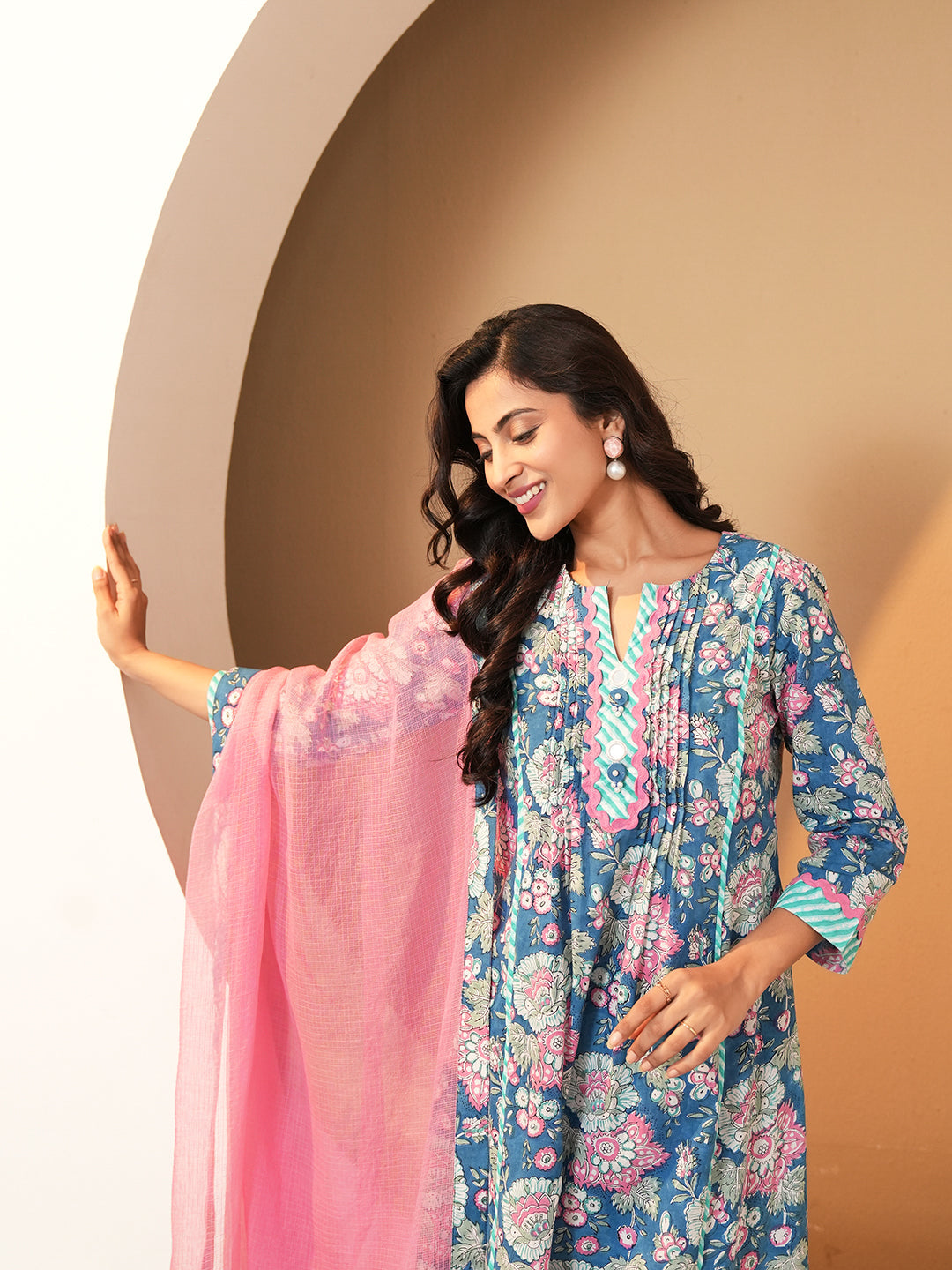 Blue Pintuck Cotton Kurta set with Dupatta