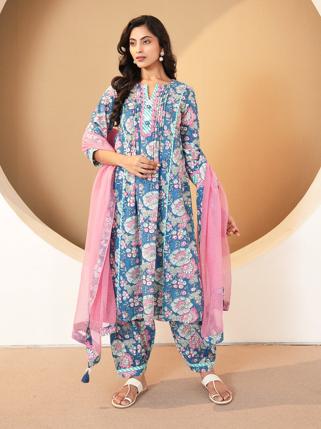 Blue Pintuck Cotton Kurta set with Dupatta