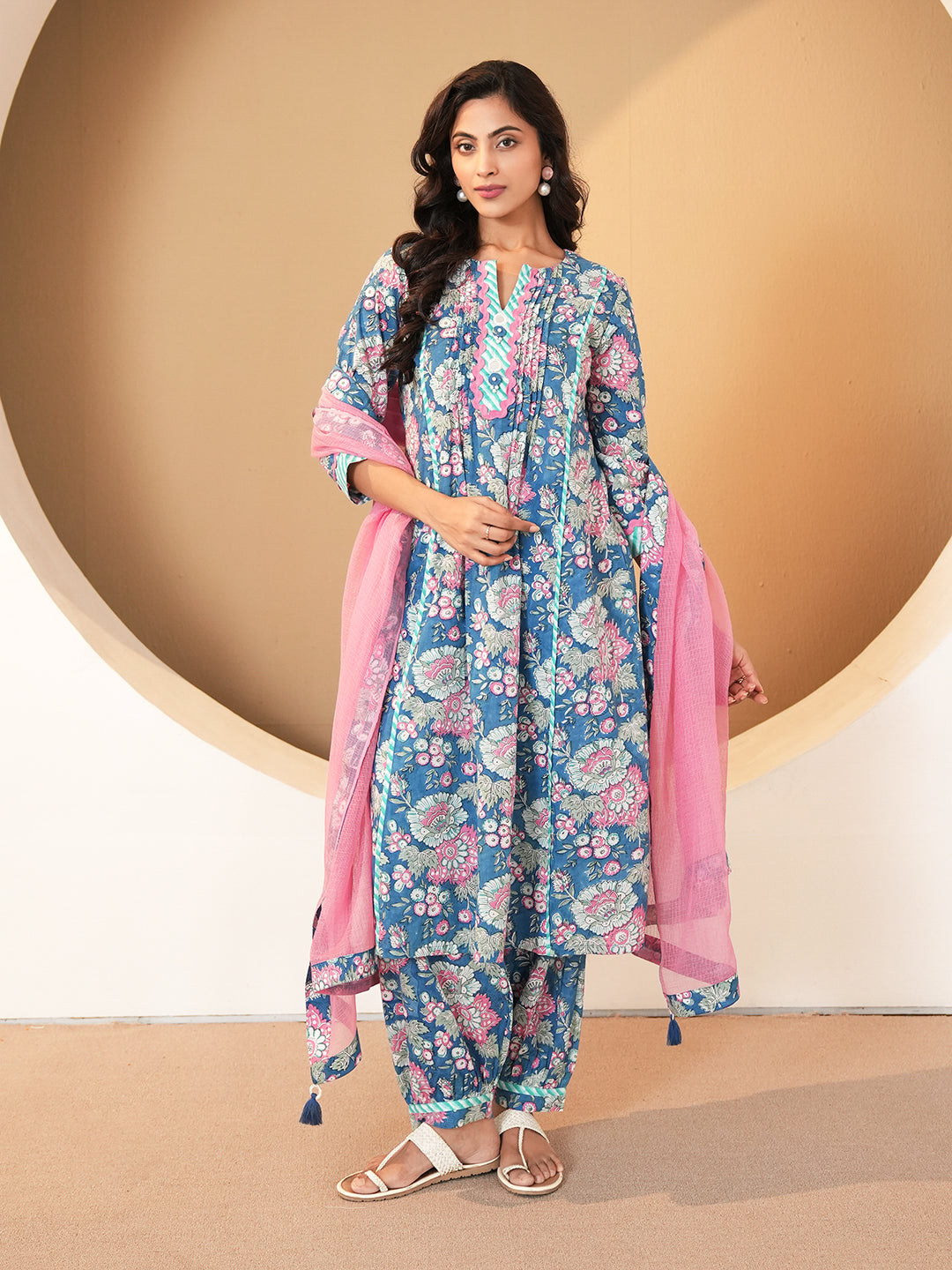 Blue Pintuck Cotton Kurta set with Dupatta