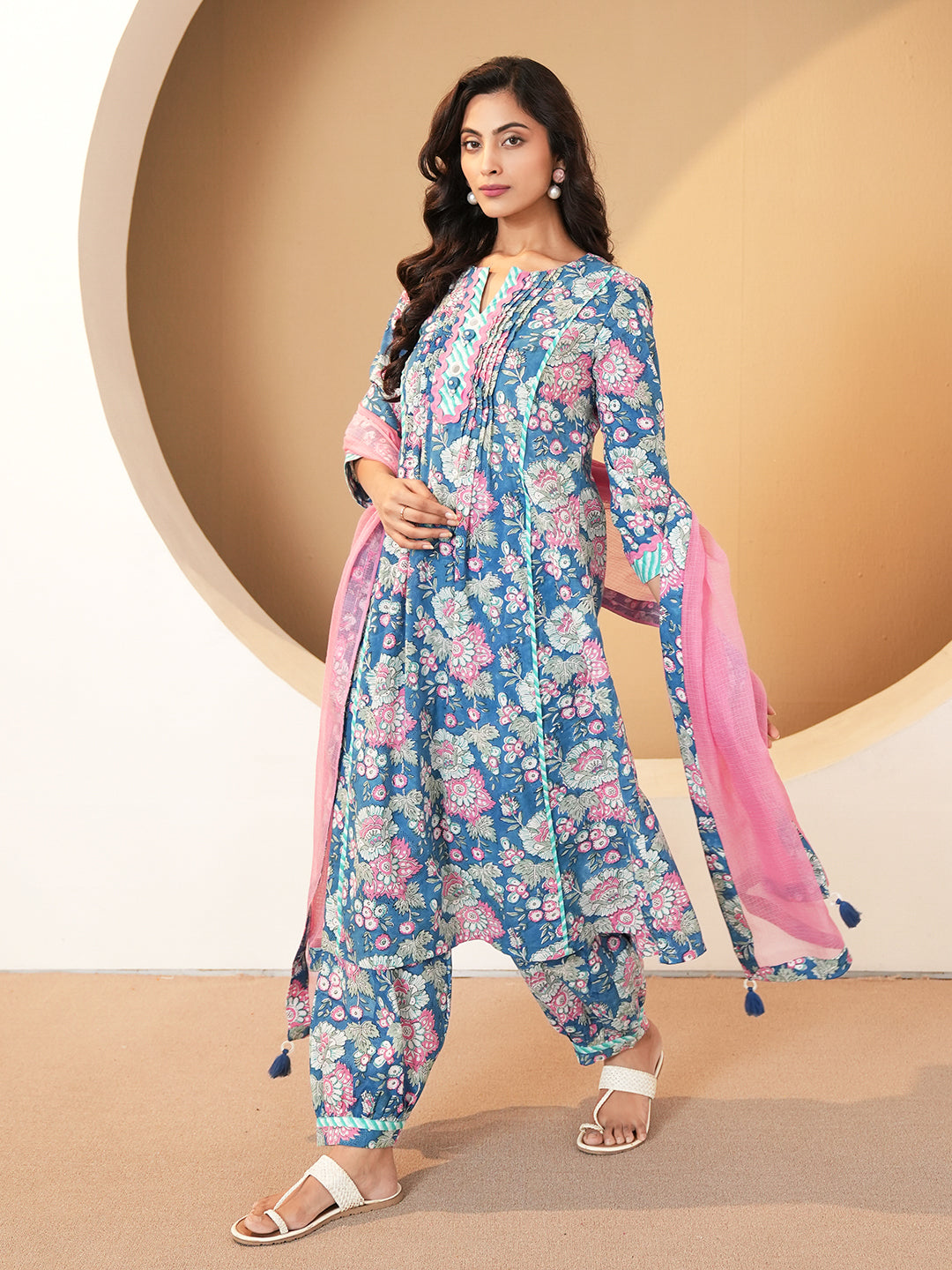 Blue Pintuck Cotton Kurta set with Dupatta