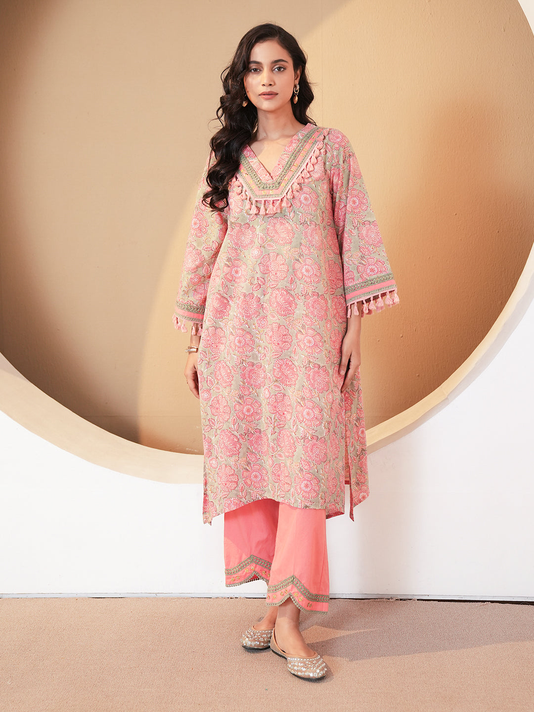 Dusty Rose Lace Cotton Kurta Set