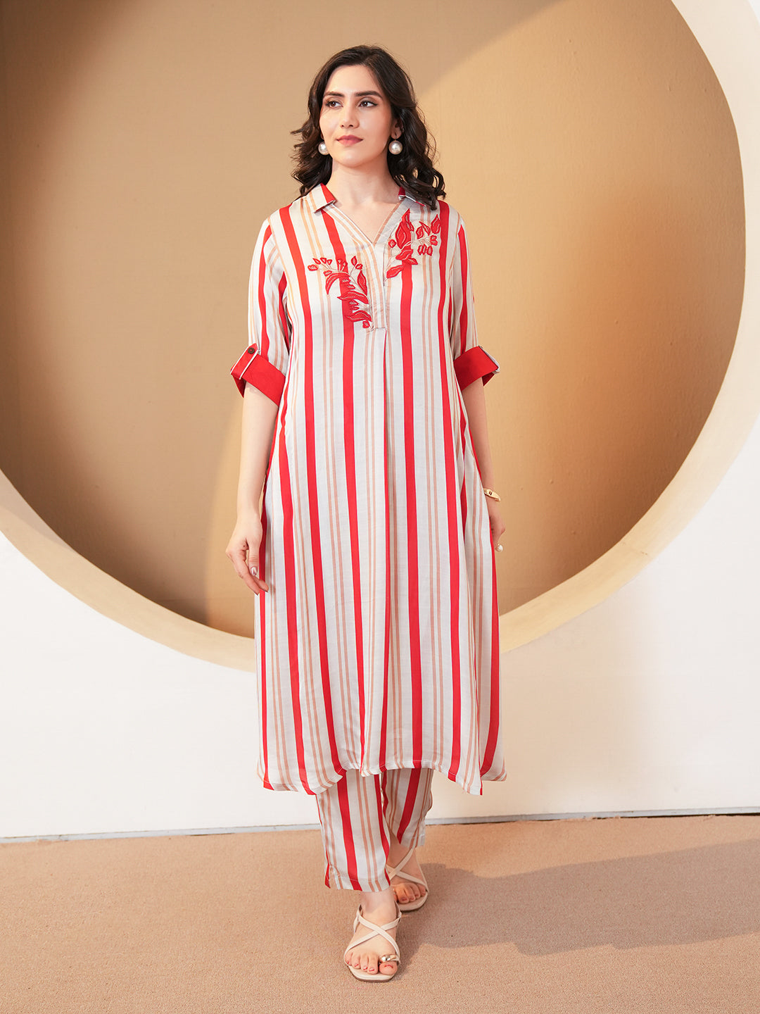 Red Grey Stripe Embroidered Muslin Co-ord Set