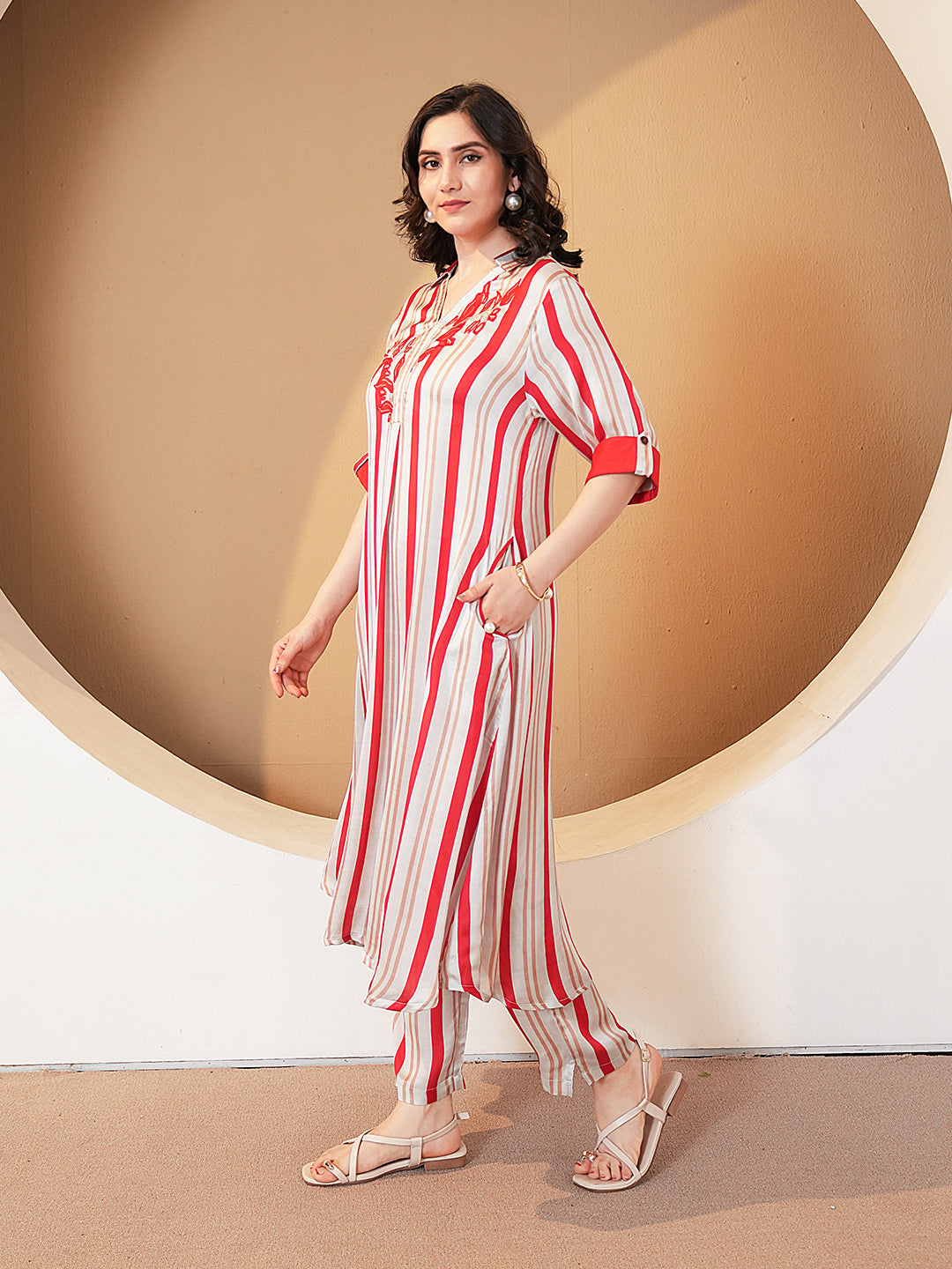 Red Grey Stripe Embroidered Muslin Co-ord Set