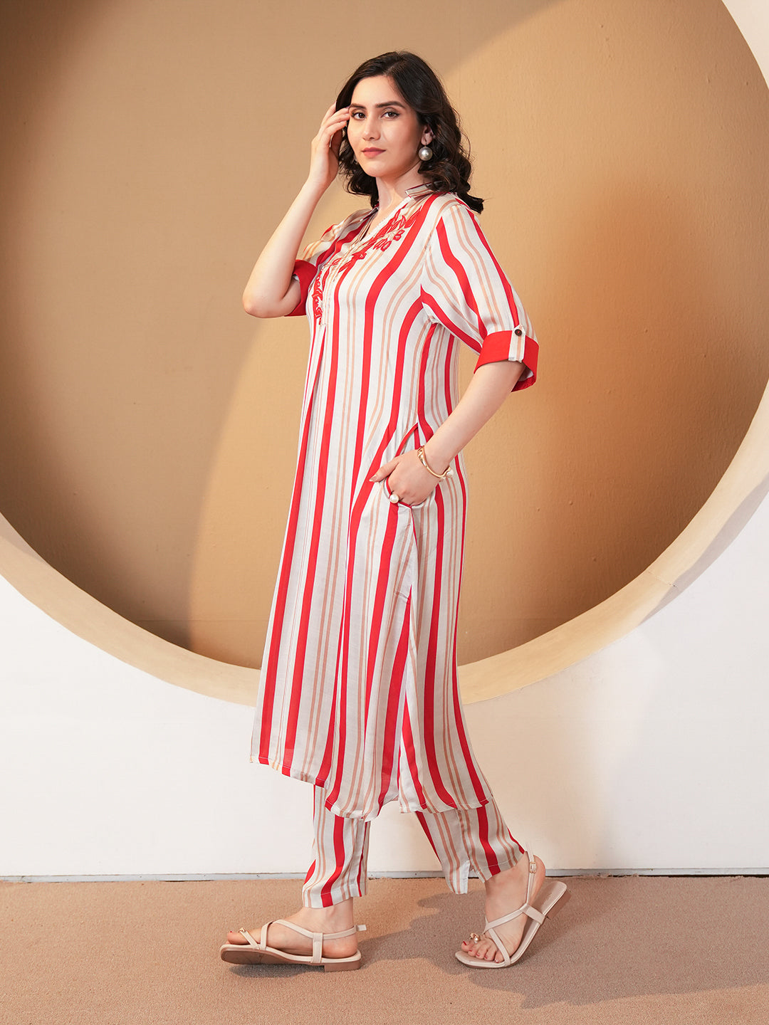 Red Grey Stripe Embroidered Muslin Co-ord Set
