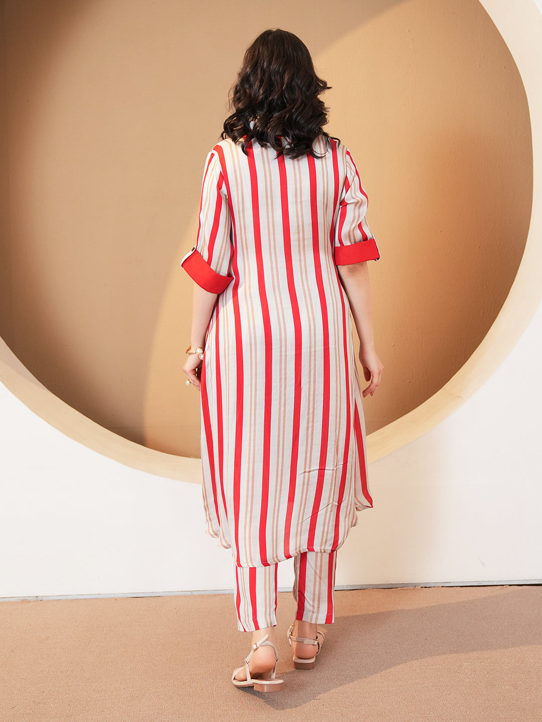 Red Grey Stripe Embroidered Muslin Co-ord Set
