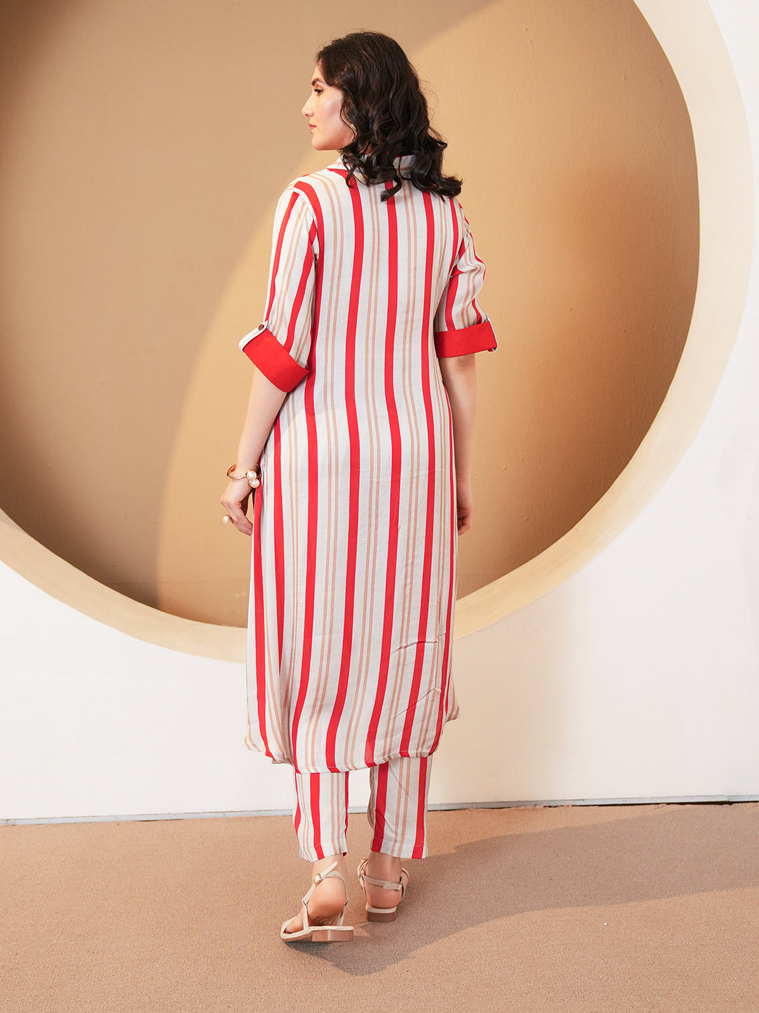 Red Grey Stripe Embroidered Muslin Co-ord Set
