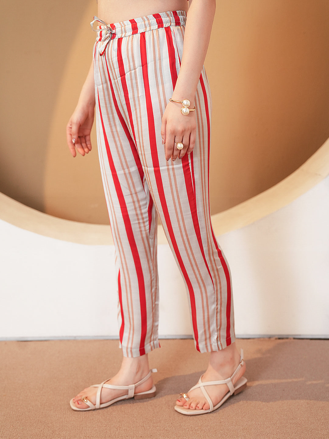 Red Grey Stripe Embroidered Muslin Co-ord Set