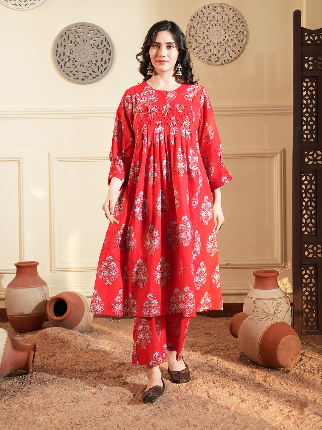 Red Buta Pintuck Cotton Kurta Set