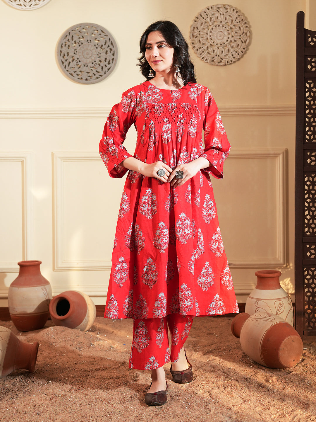 Red Buta Pintuck Cotton Kurta Set