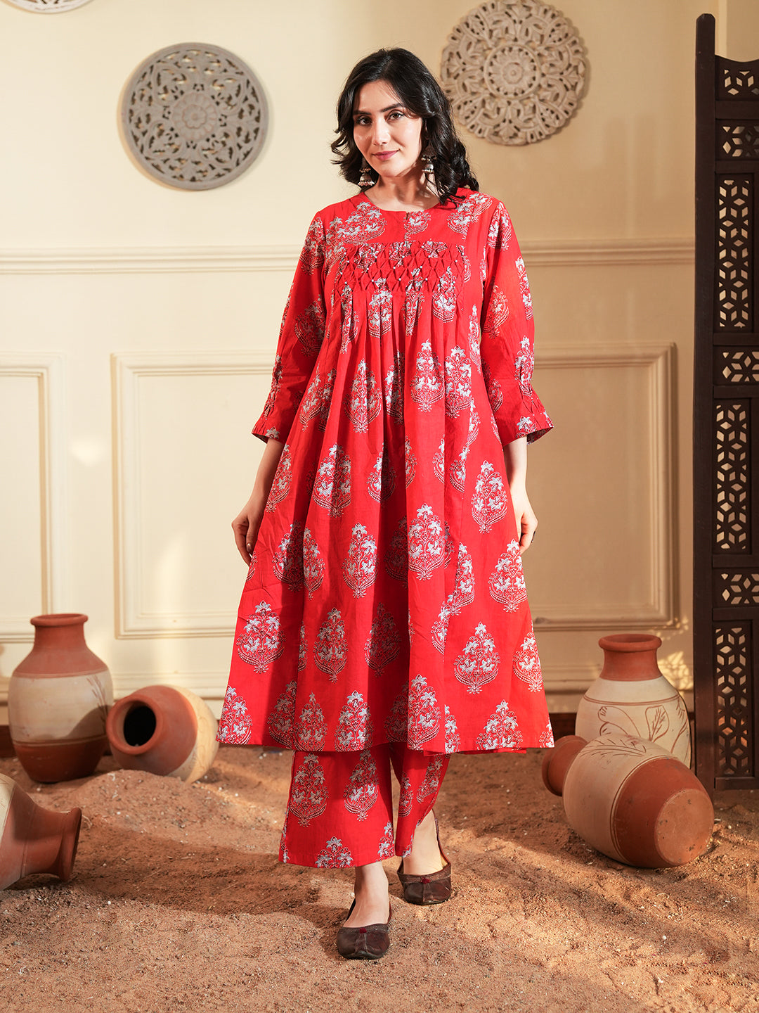 Red Buta Pintuck Cotton Kurta Set