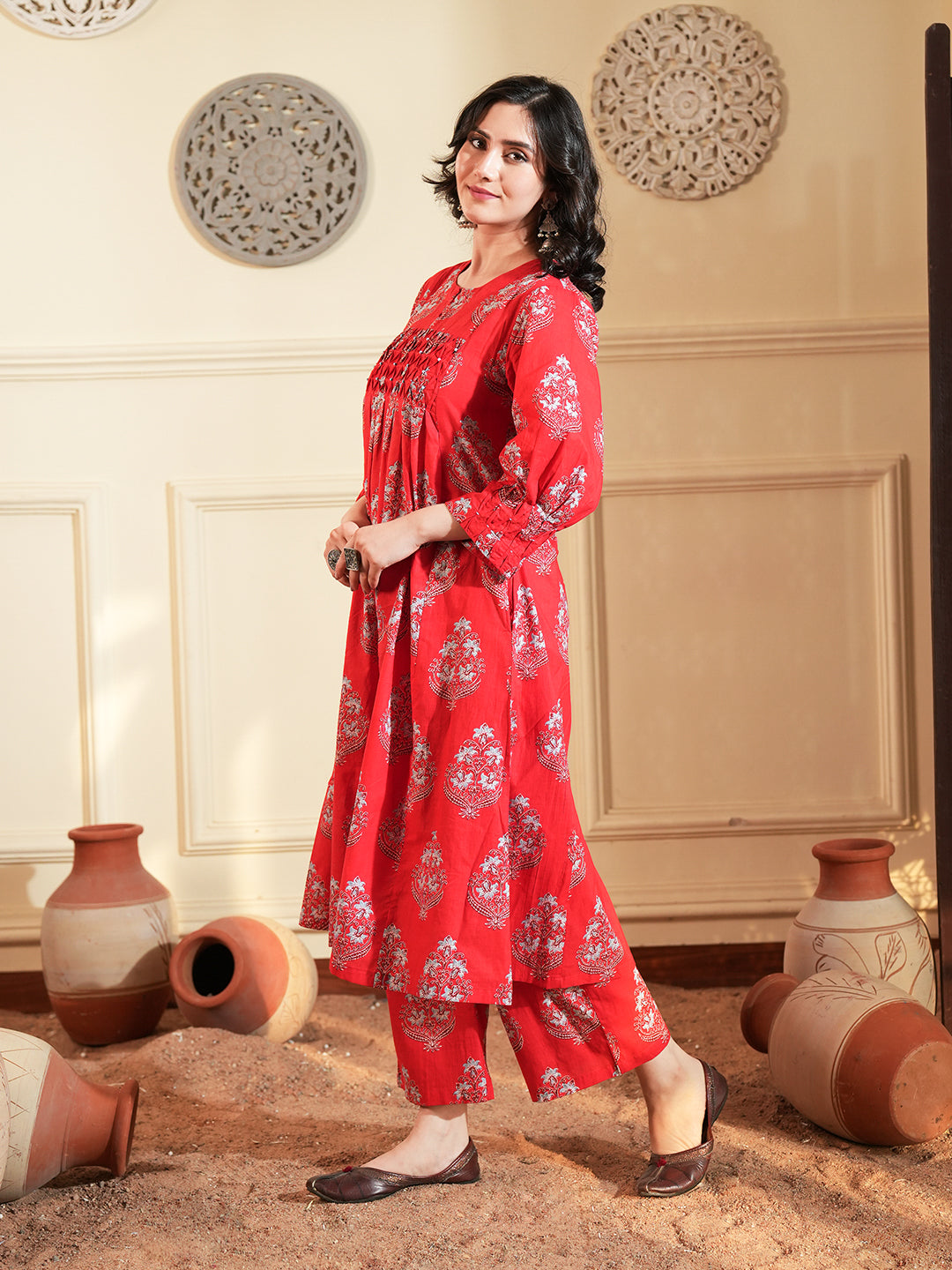 Red Buta Pintuck Cotton Kurta Set