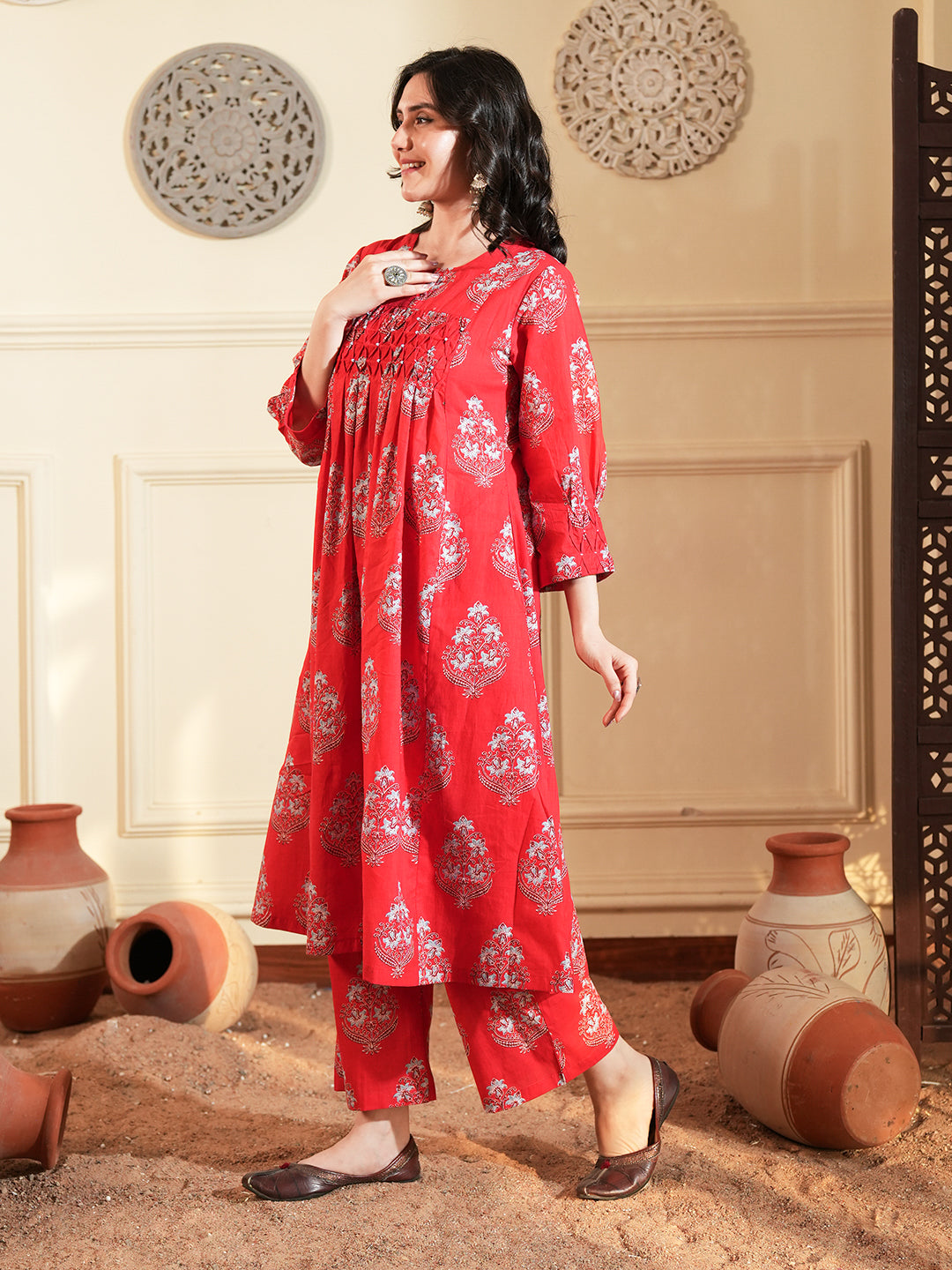 Red Buta Pintuck Cotton Kurta Set