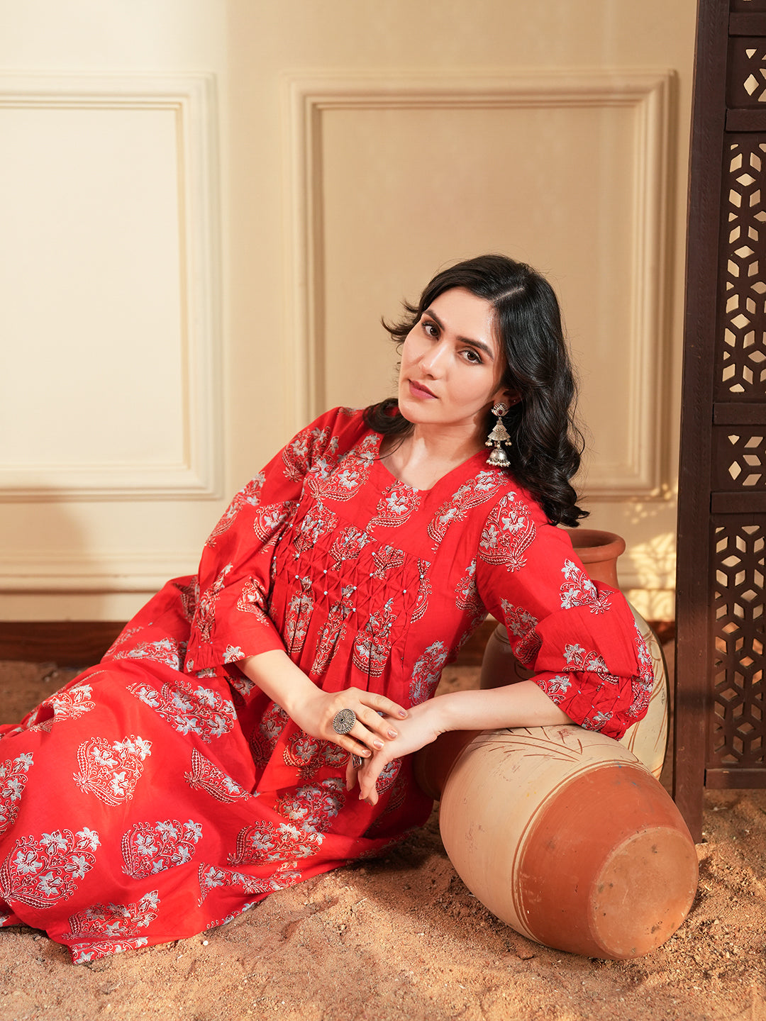 Red Buta Pintuck Cotton Kurta Set