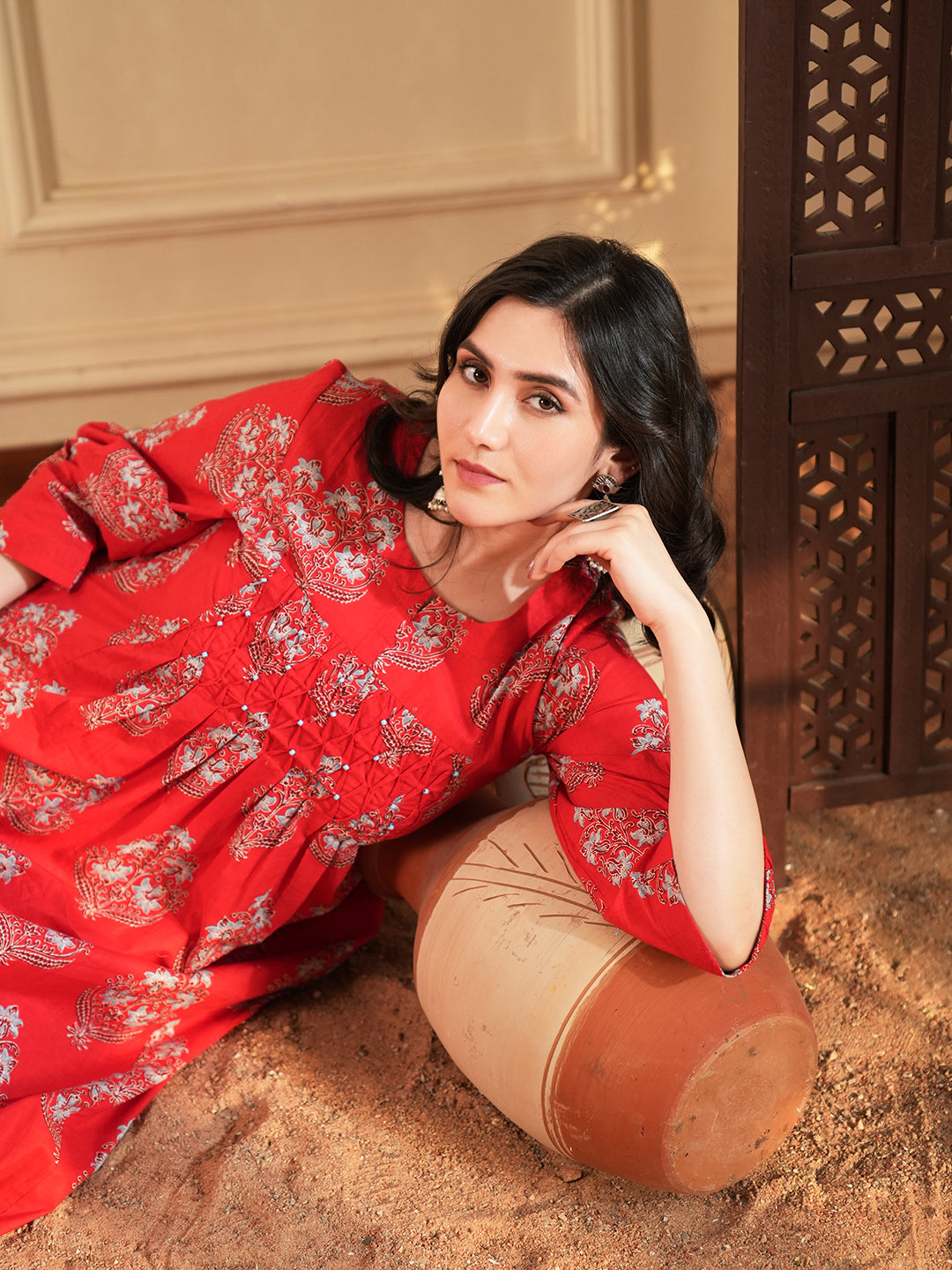 Red Buta Pintuck Cotton Kurta Set