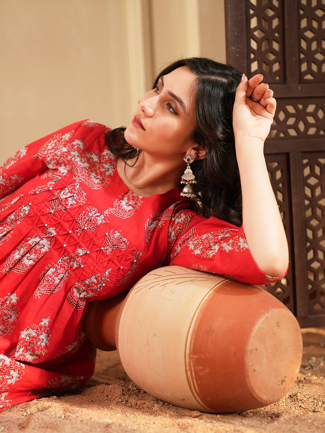 Red Buta Pintuck Cotton Kurta Set