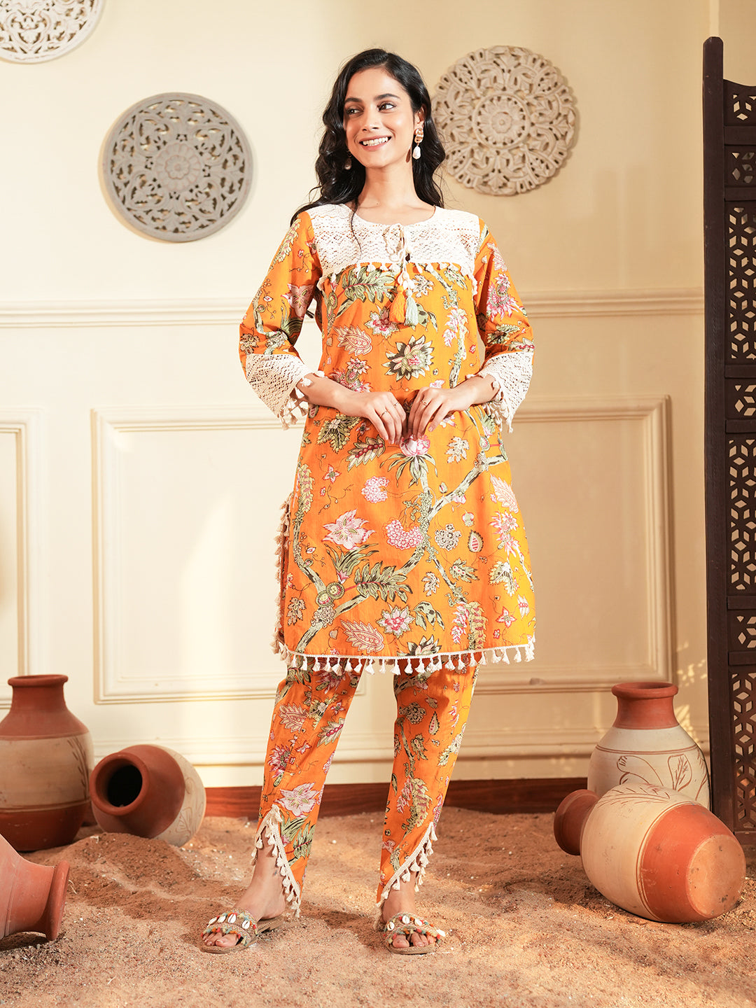 Mustard Printed Cotton A-Line Co-ord Set