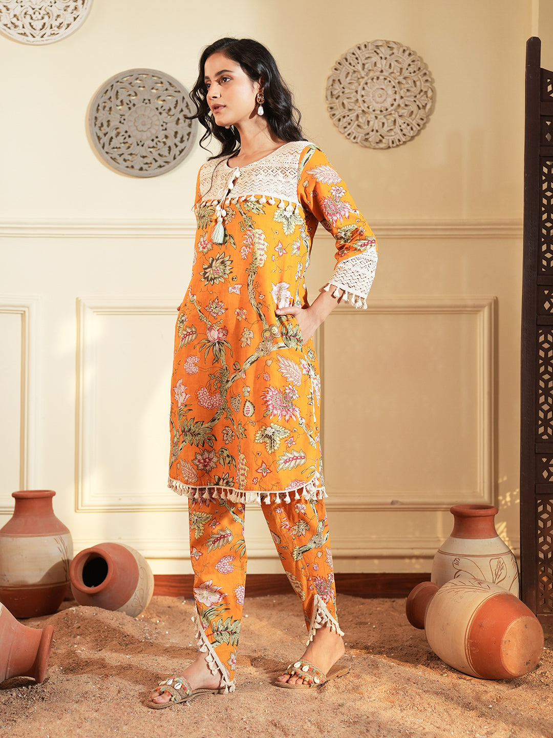 Mustard Printed Cotton A-Line Co-ord Set