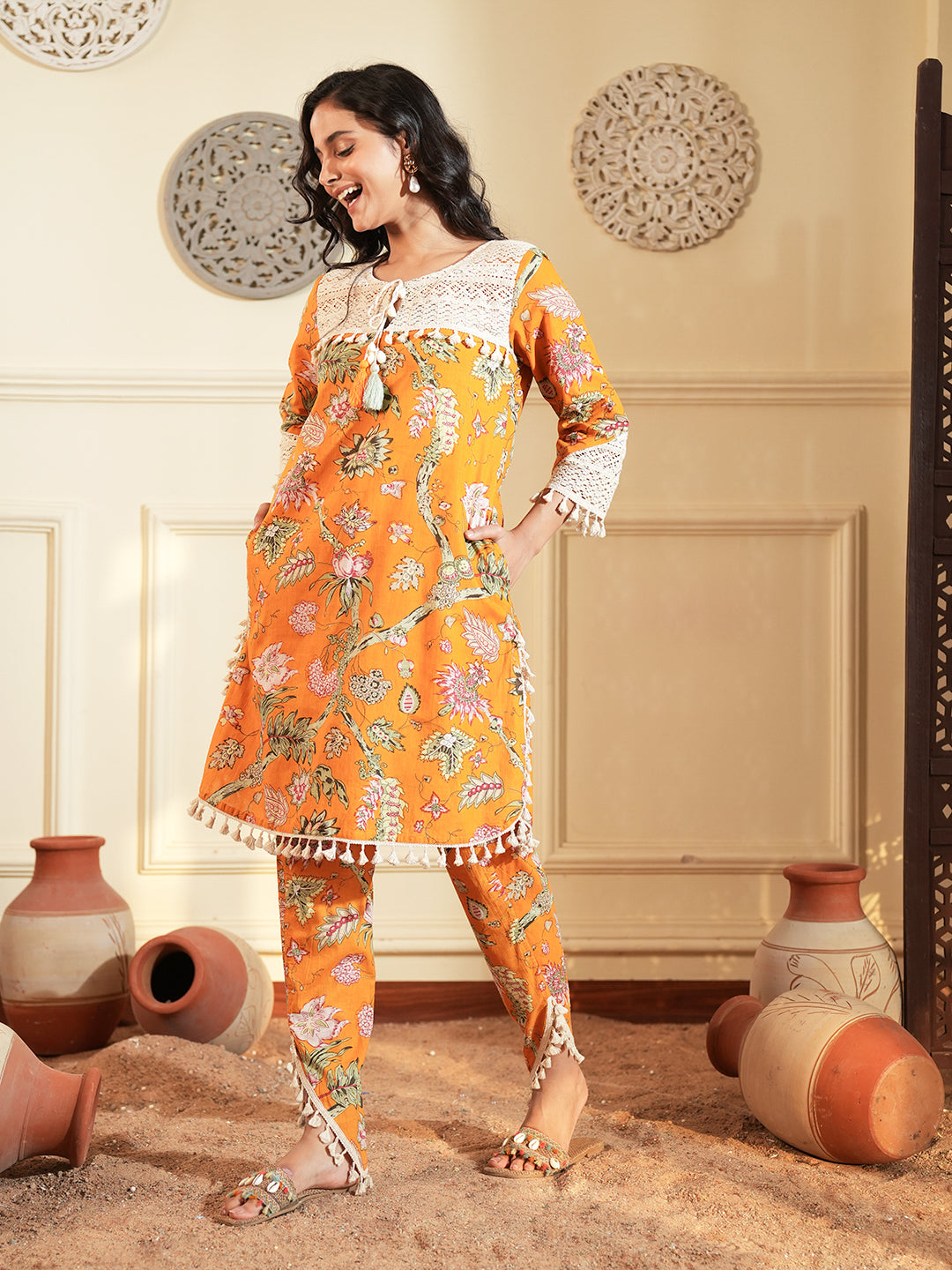 Mustard Printed Cotton A-Line Co-ord Set