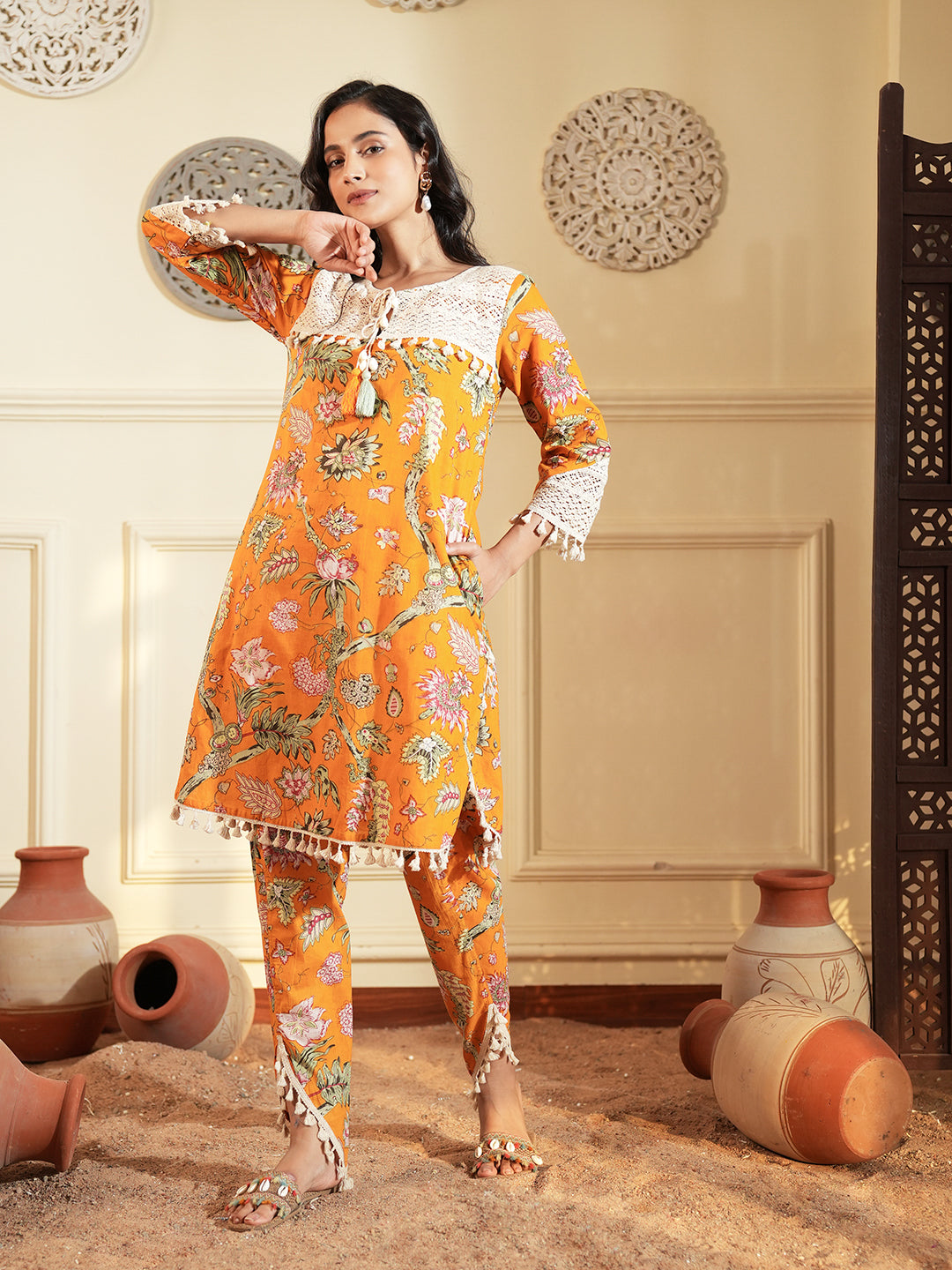 Mustard Printed Cotton A-Line Co-ord Set