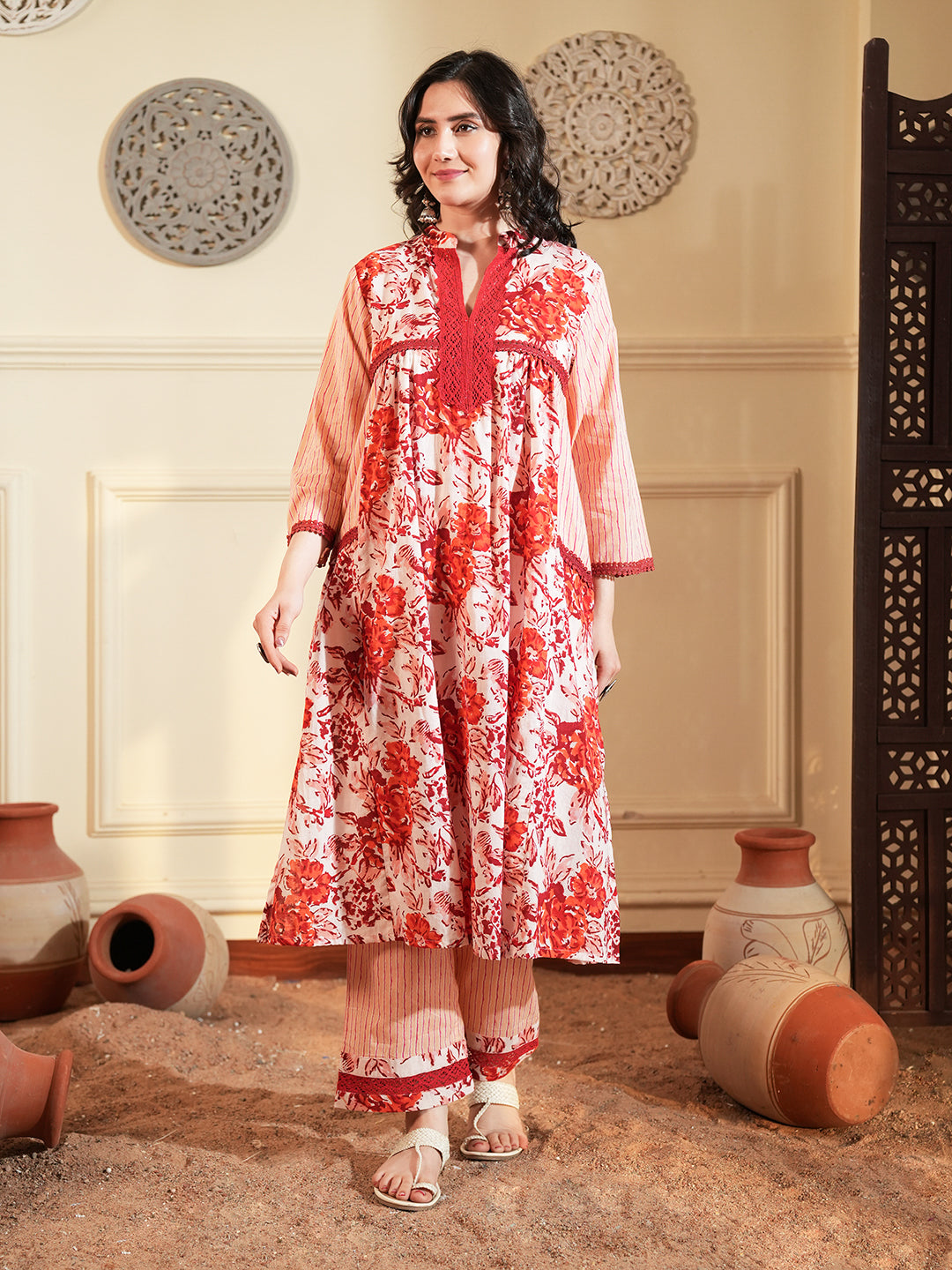 Red Floral Chintz Lace Cotton Kurta Set