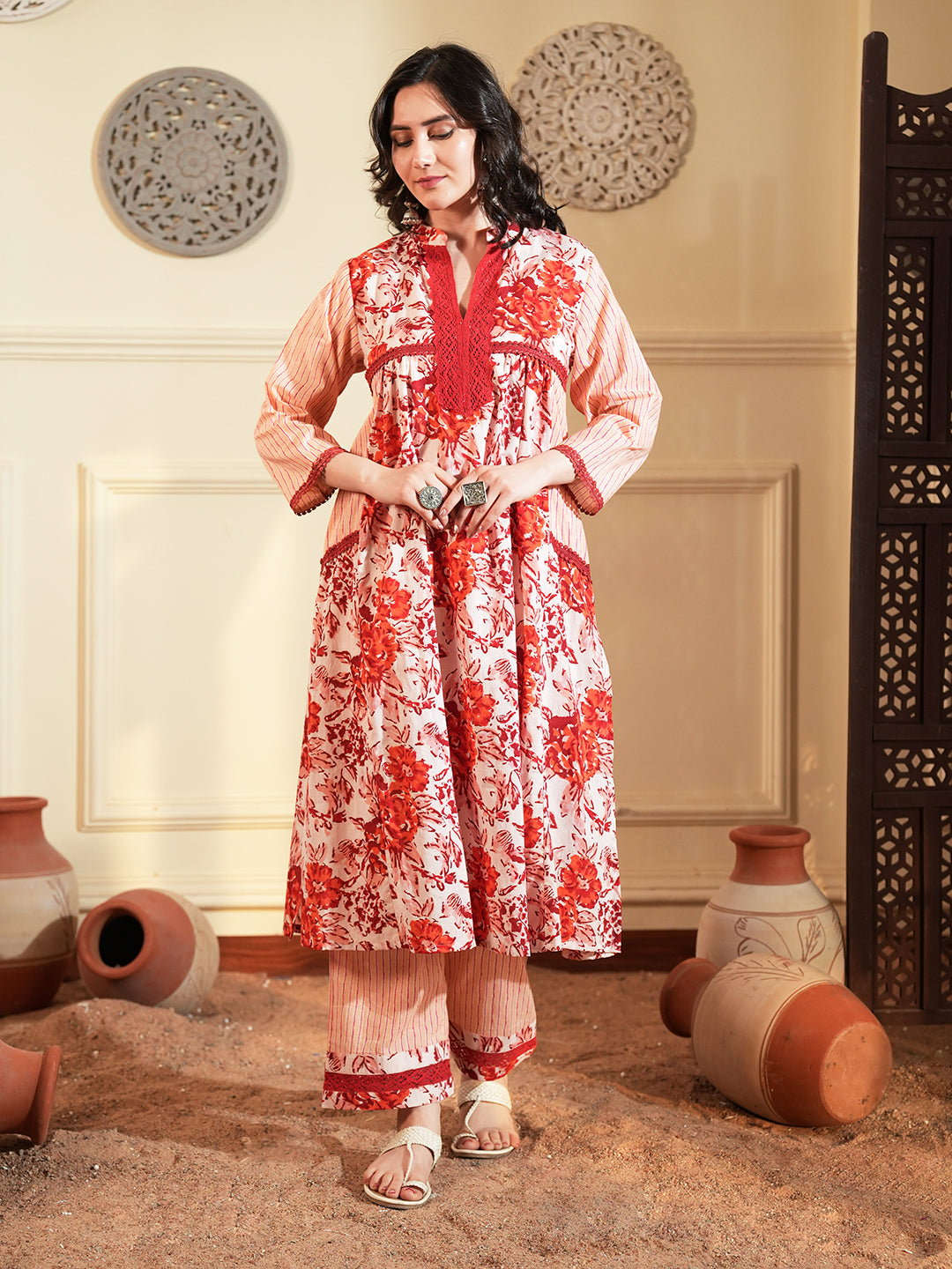 Red Floral Chintz Lace Cotton Kurta Set