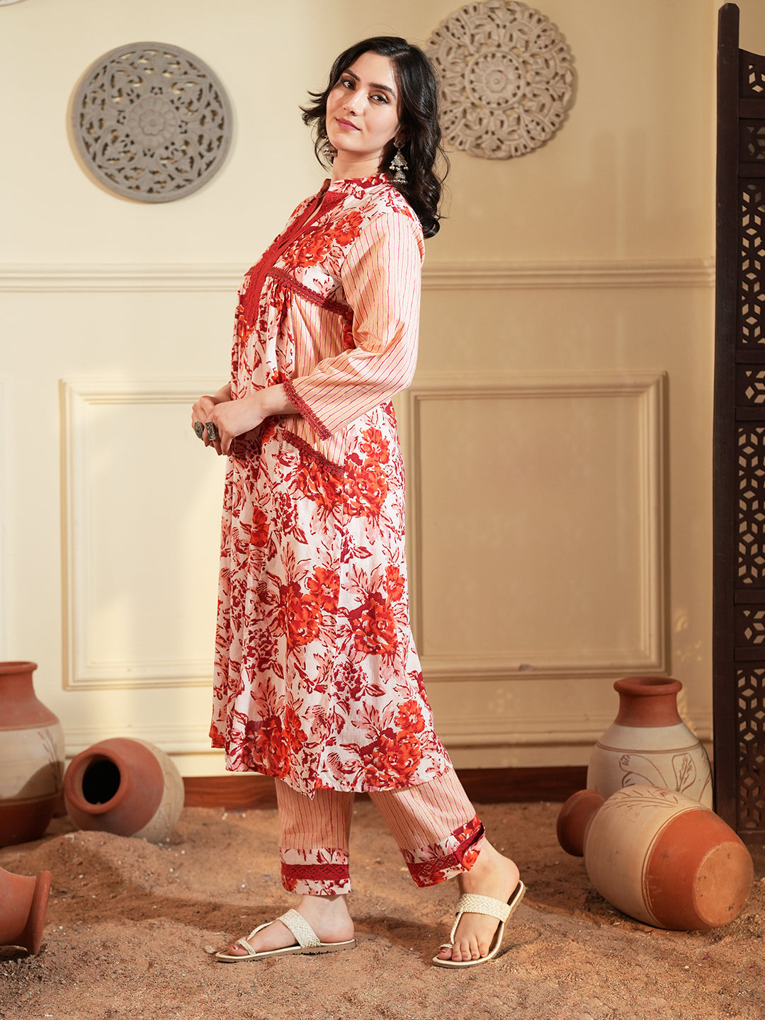 Red Floral Chintz Lace Cotton Kurta Set