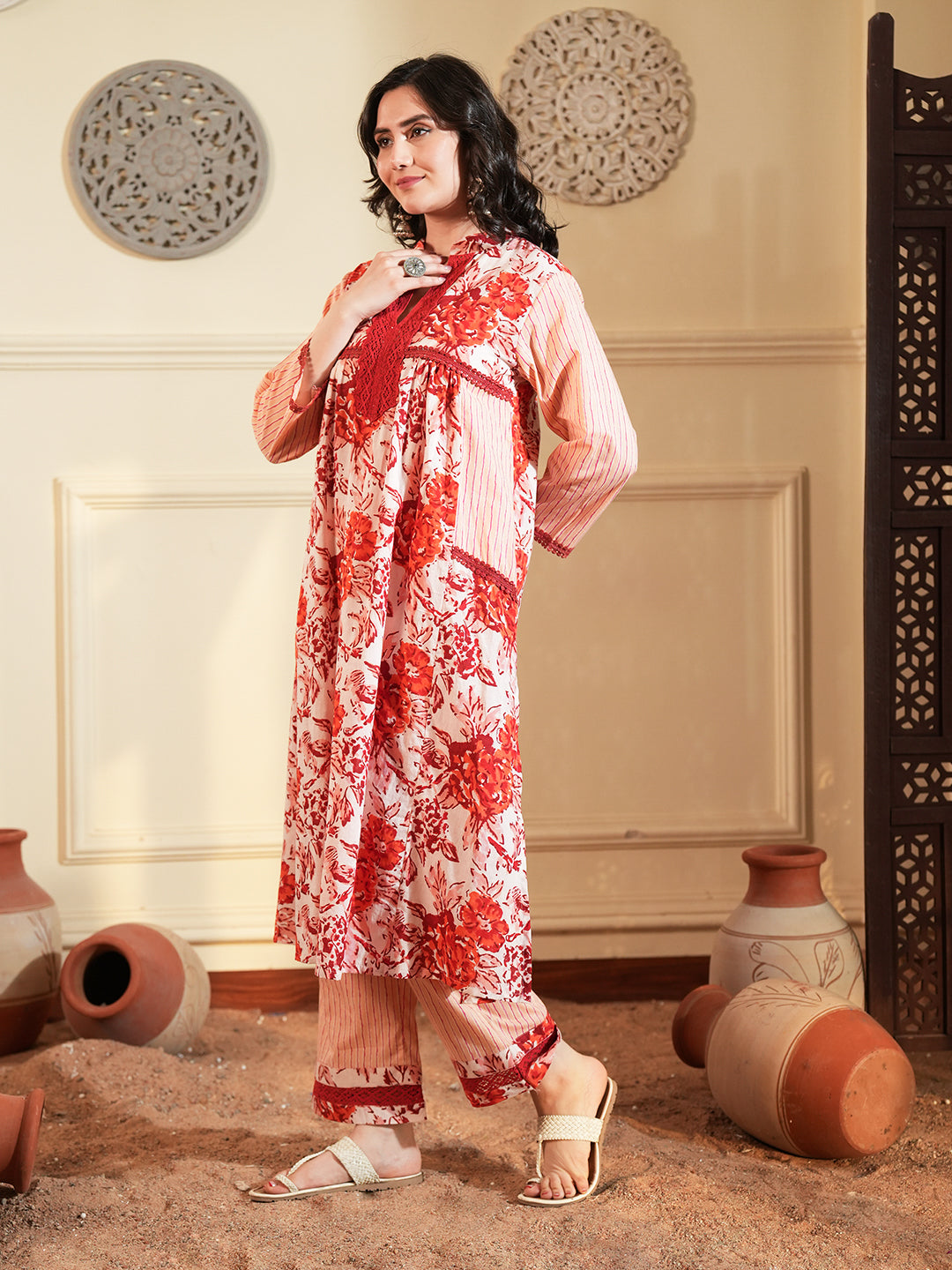 Red Floral Chintz Lace Cotton Kurta Set