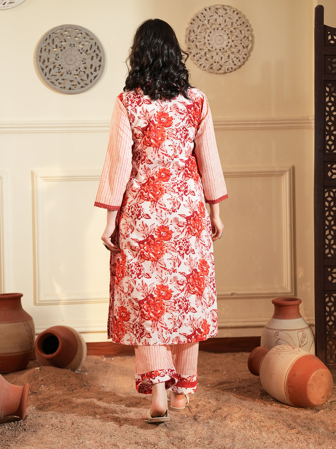 Red Floral Chintz Lace Cotton Kurta Set