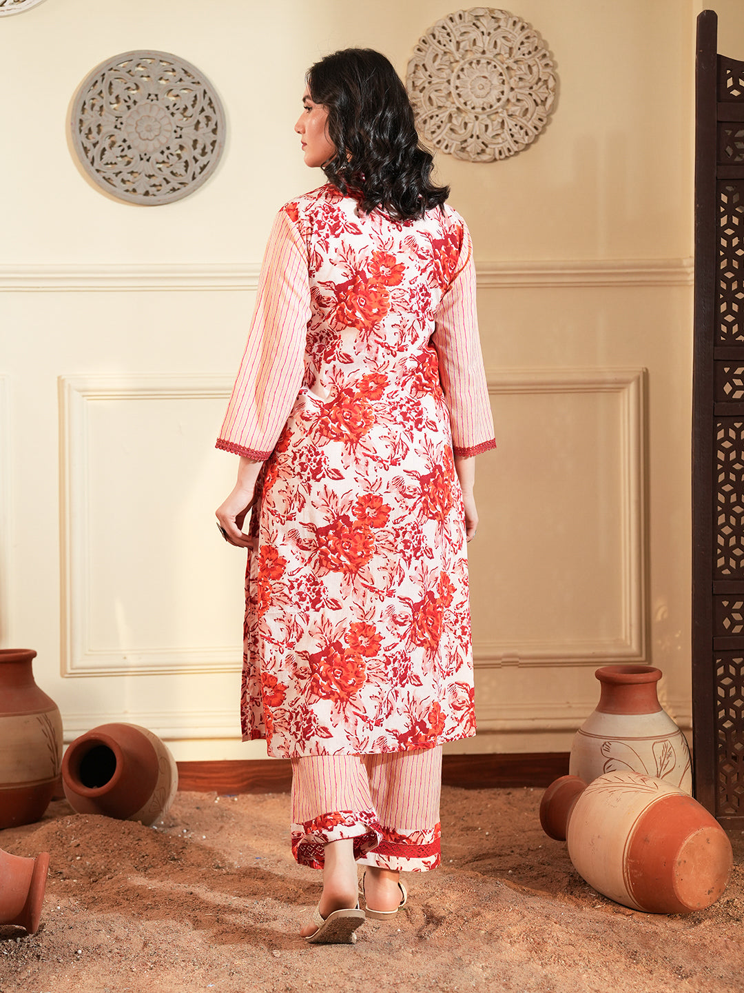 Red Floral Chintz Lace Cotton Kurta Set