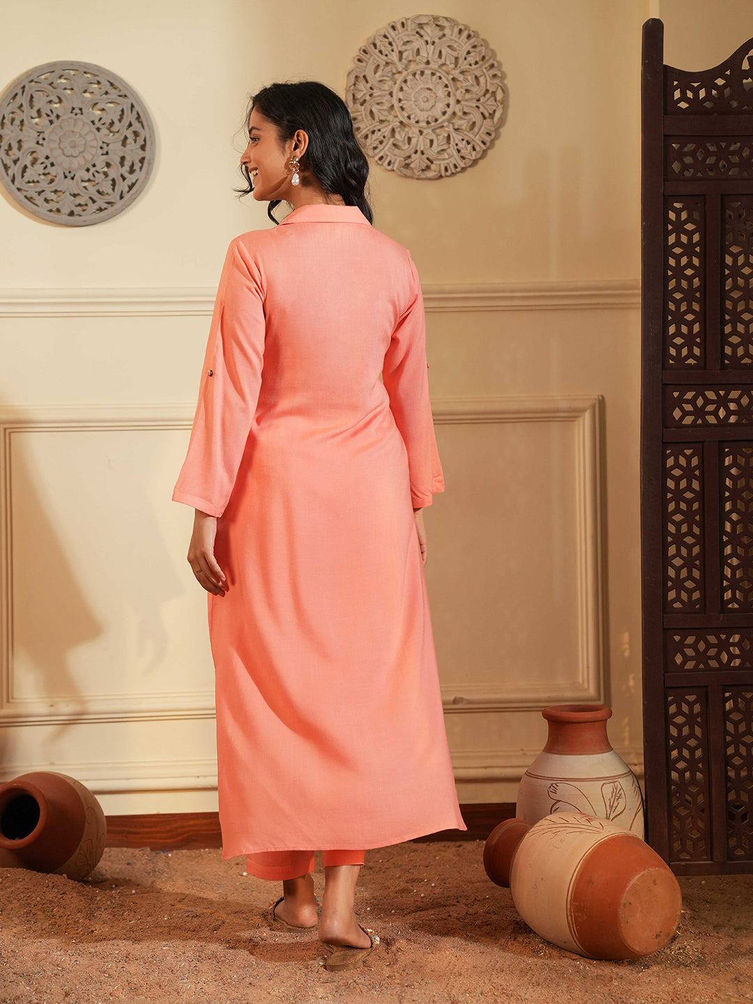 Peach Rayon Straight Kurta Set