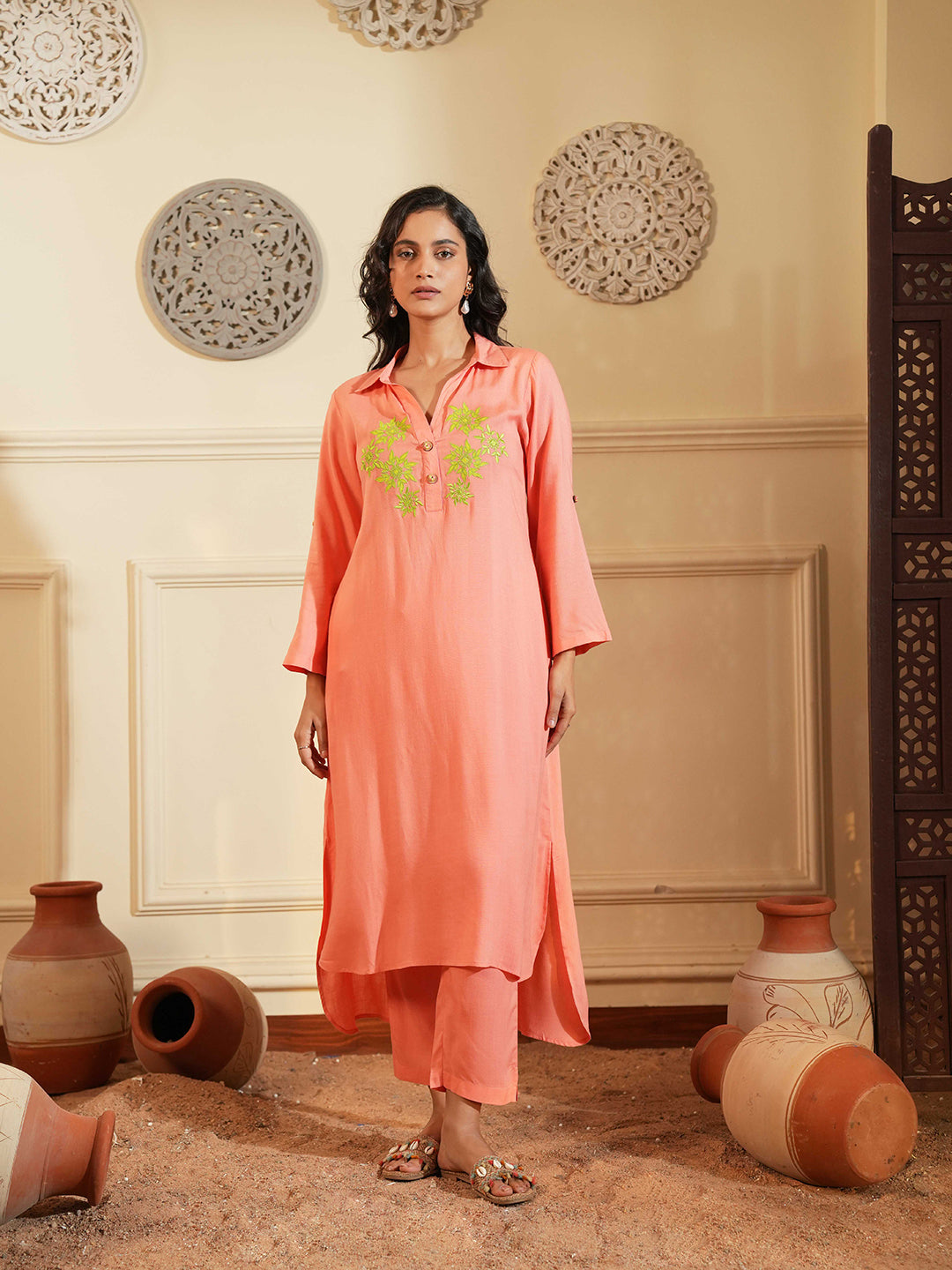 Peach Rayon Straight Kurta Set