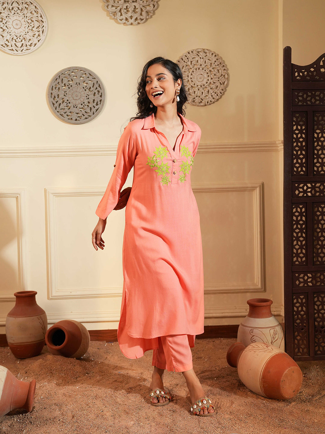 Peach Rayon Co-ord Set