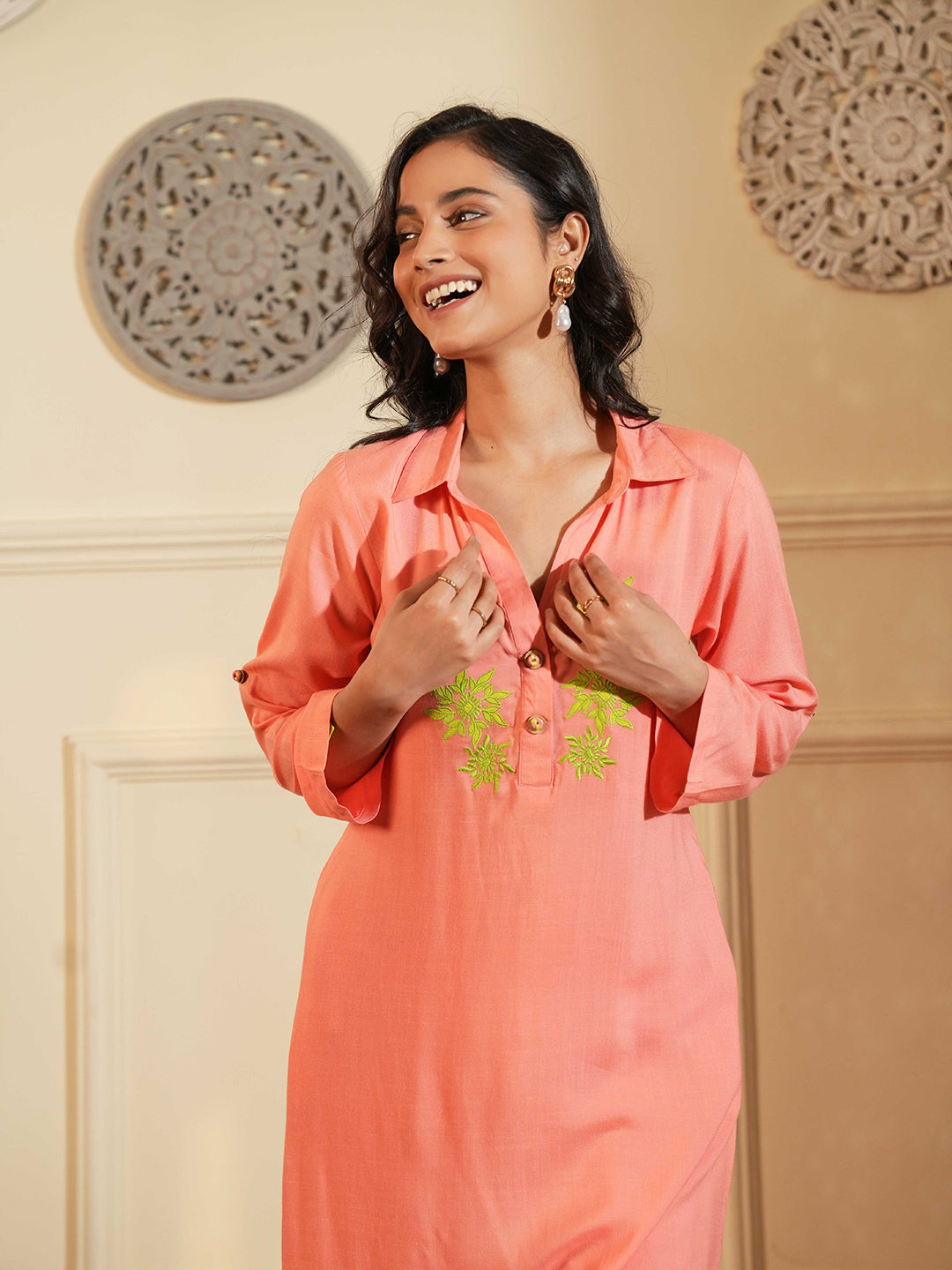Peach Rayon Straight Kurta Set