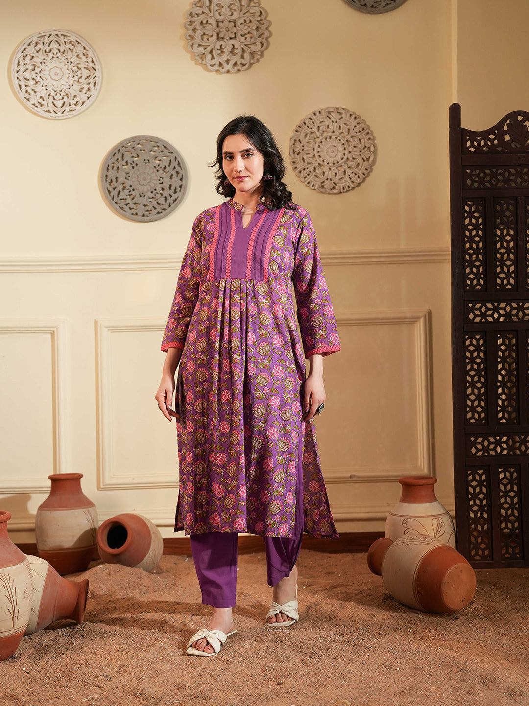 Purple Cotton A-Line Kurta Set