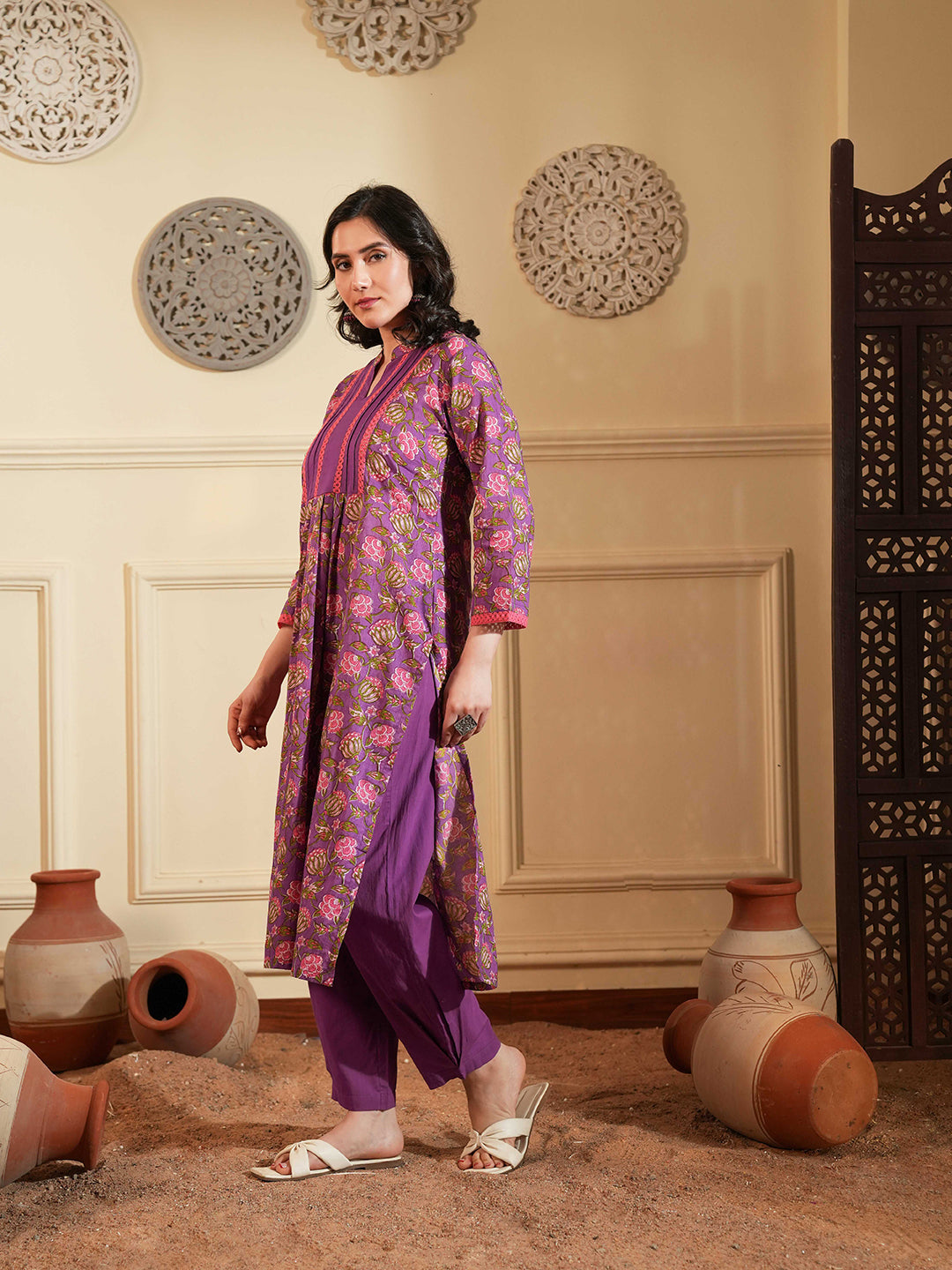 Purple Cotton A-Line Kurta Set